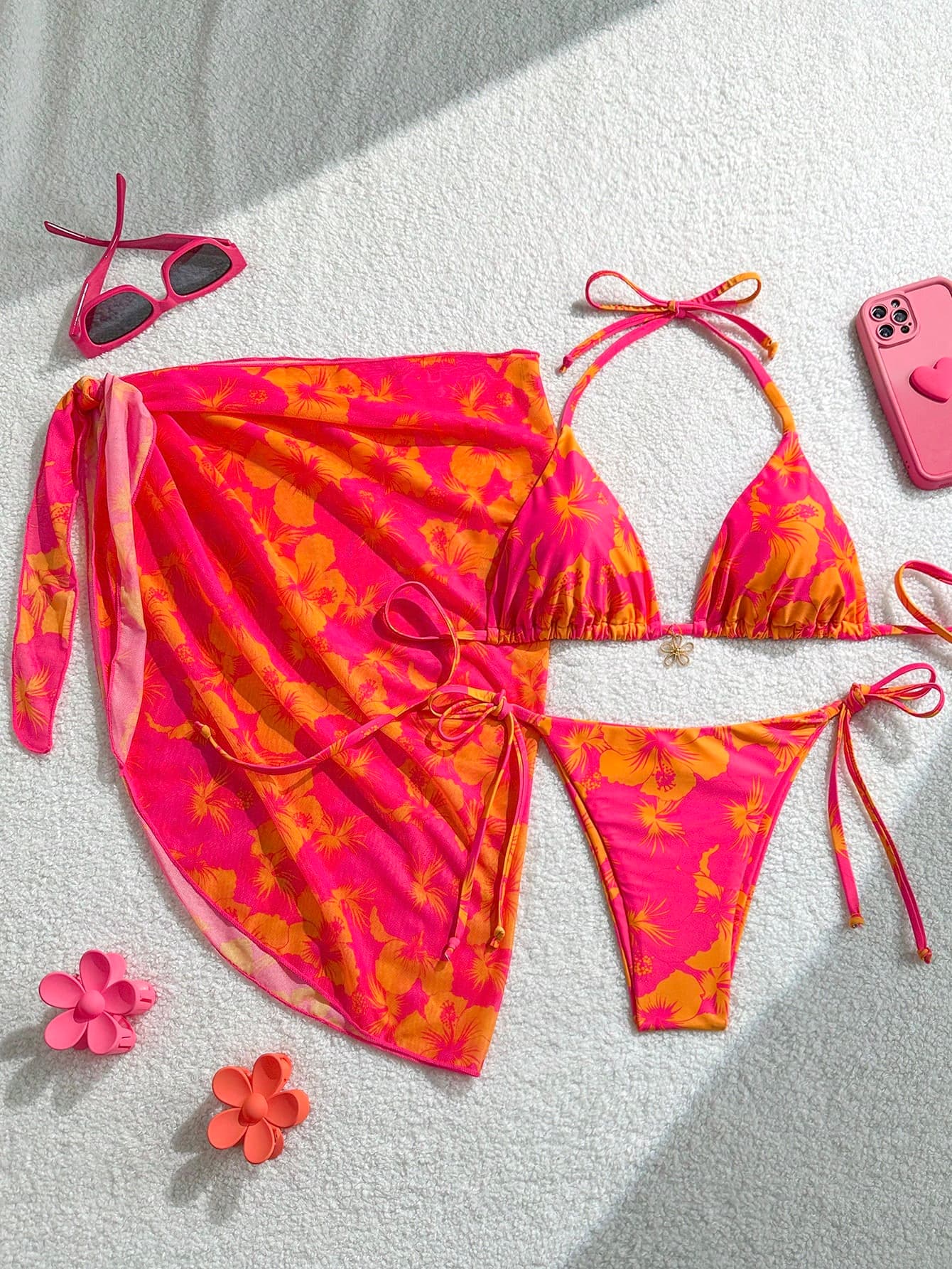Swim Mod 3pcs/Set Women Spring Break Summer Beachwear Set, Includes Random Print Halter Dress, Tie-Front Bikini
