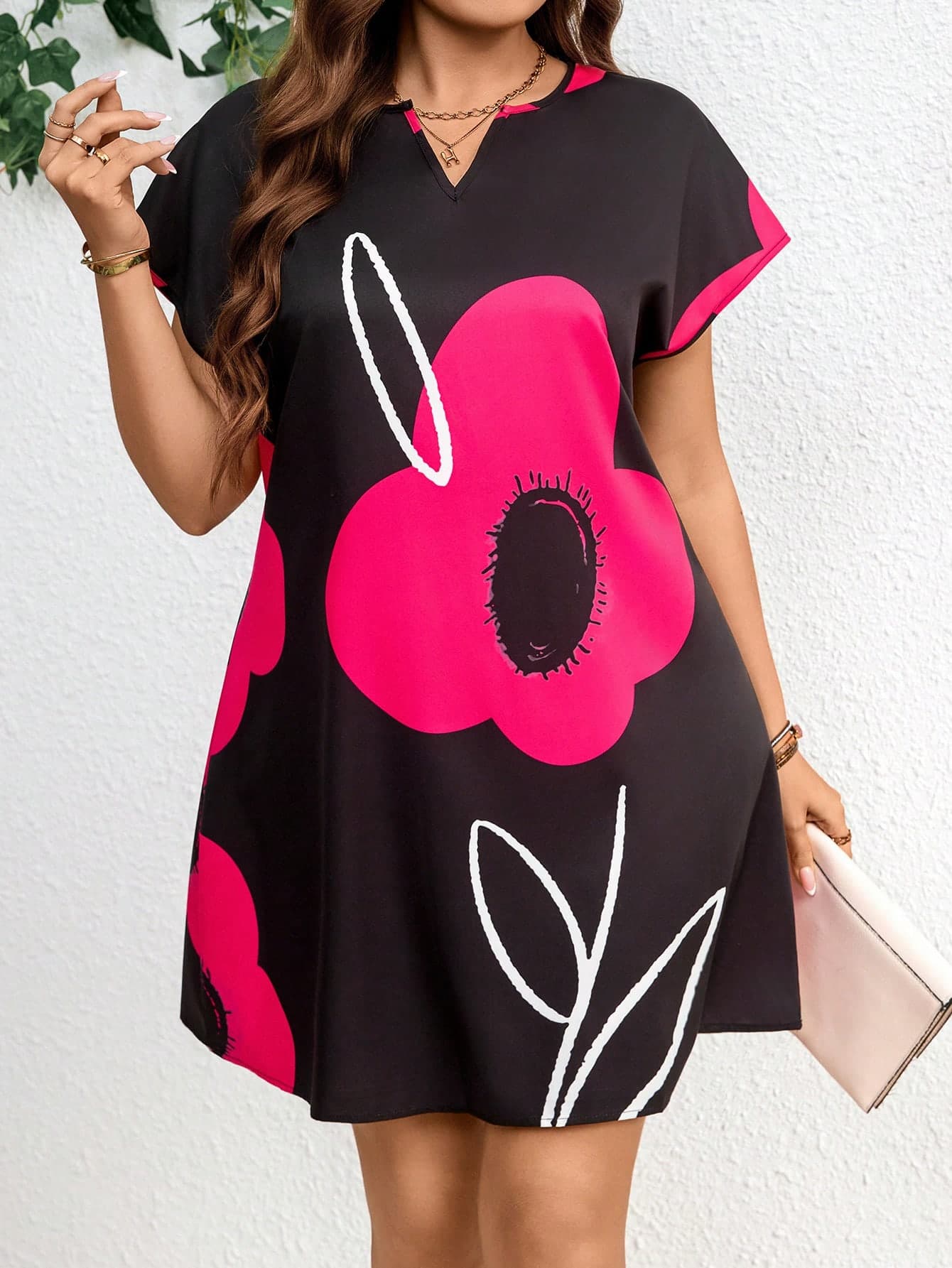 SHEIN LUNE Plus Size Floral Notch V-Neck Batwing Sleeve Summer Dress Boho Mini Drees Mother Day Floral Dress Women