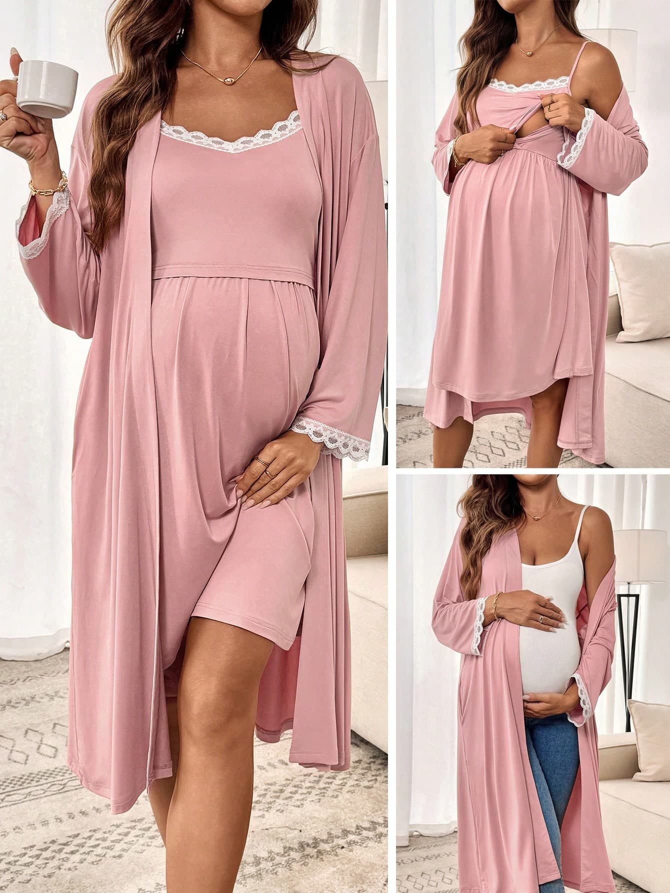 Slowluna 2pcs/Set Maternity Contrast Lace Drop Shoulder Long Sleeve Jacket And Sleeveless Nursing Dress, Nursing Loungewear Sleepwear Set