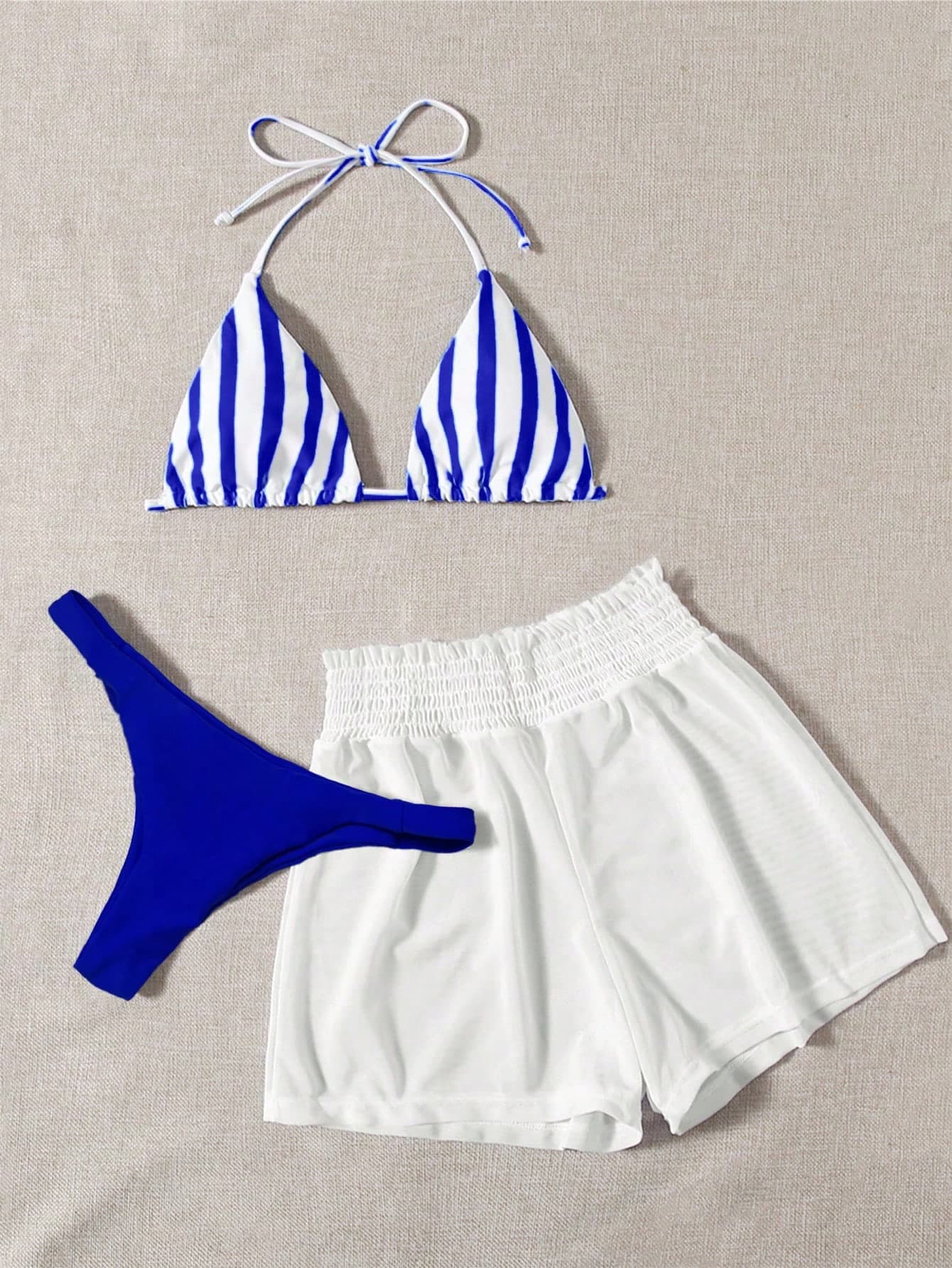 Swim Mod 3pcs Set Fresh Blue & White Striped Top, Blue Bottom And White Cover Up Shorts, Casual Beach Wear For Spring/Summer Vacation, Party, Beach