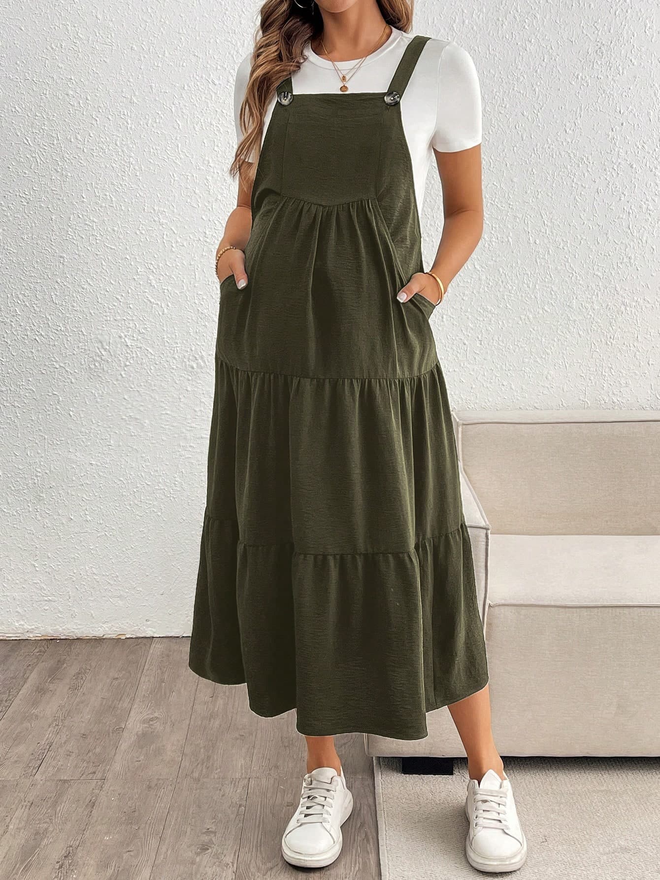 SHEIN 2pcs Solid Color Maternity T-Shirt Top And Bib Skirt Solid Color Outfit Maternity Dress