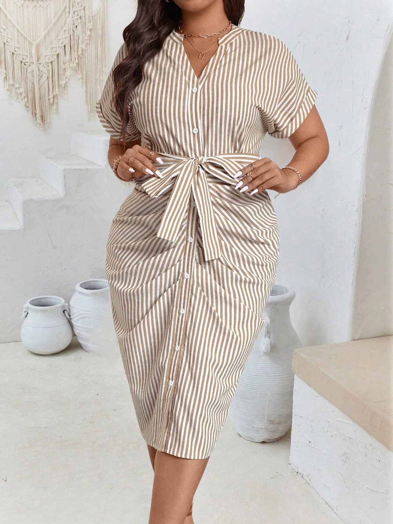 SHEIN Clasi Plus Size Women Striped V-Neck Ruched Raglan Sleeve Flattering Dress