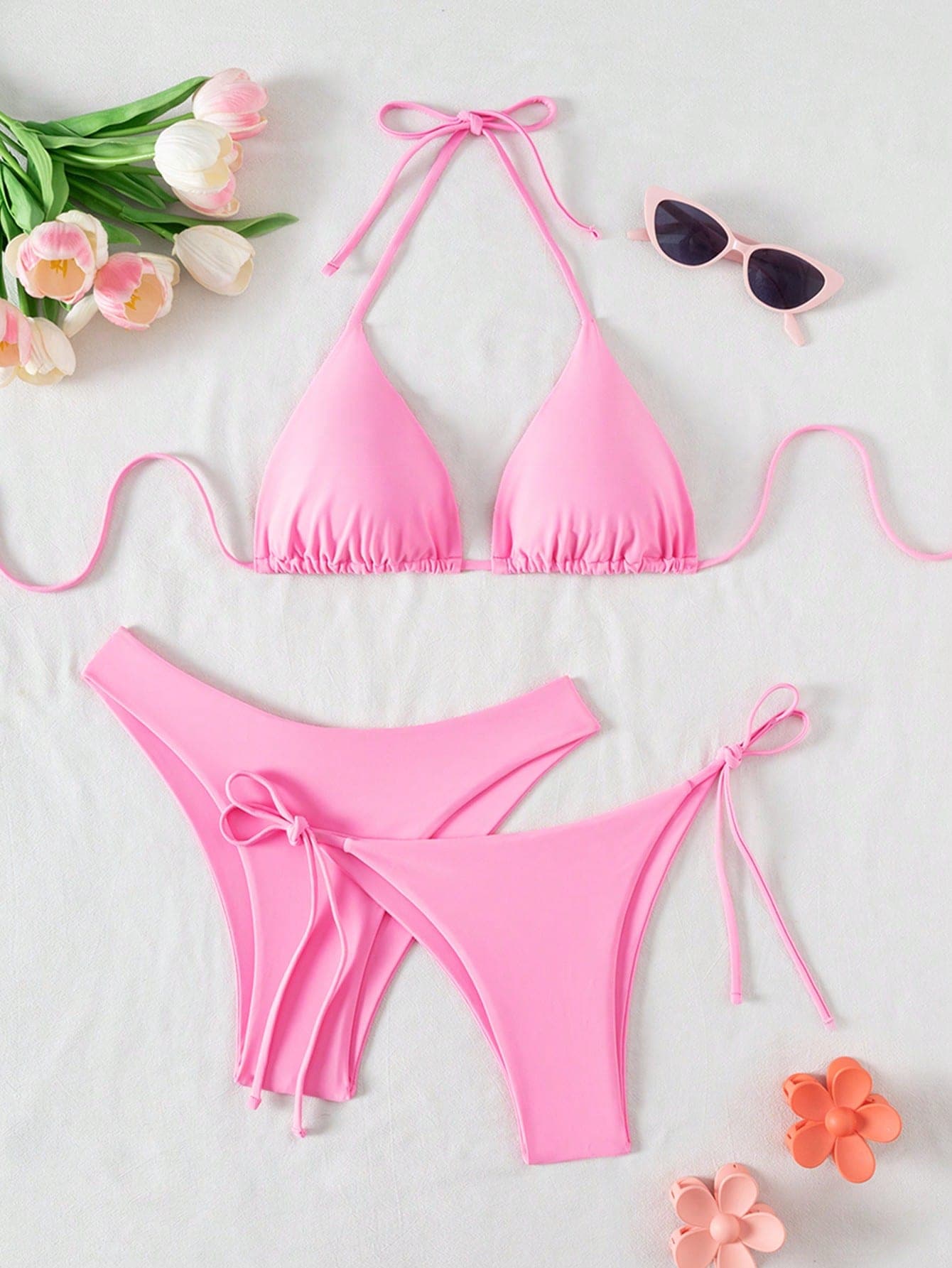 Swim Mod 3 Pieces Women Summer Beach Solid Color Halter Tie Back Top + Knot Triangle Bottoms + Triangle Bikini Set, 3-Piece Bikini Set