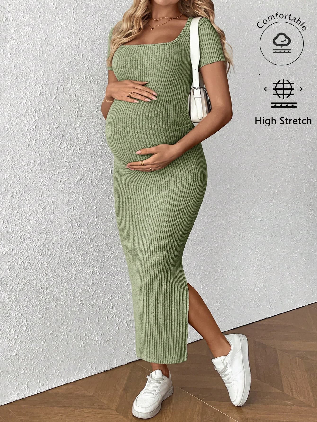 SHEIN Pregnant Women's Solid Color Square Neck Short Sleeve Casual Split Side Fitted Maternity Dress Green