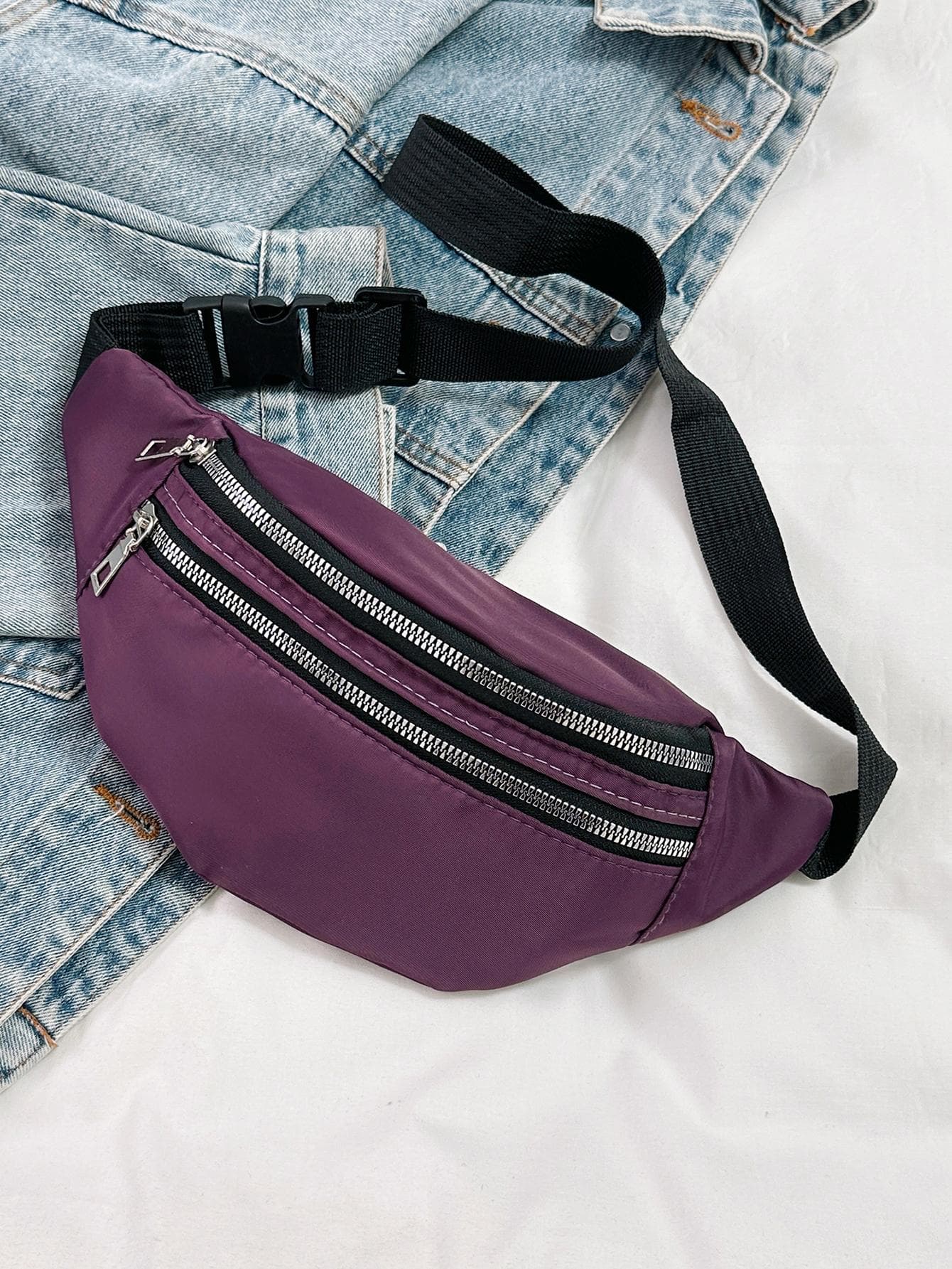 Minimalist Double Zipper Fanny Pack Fashion Purple , Purple