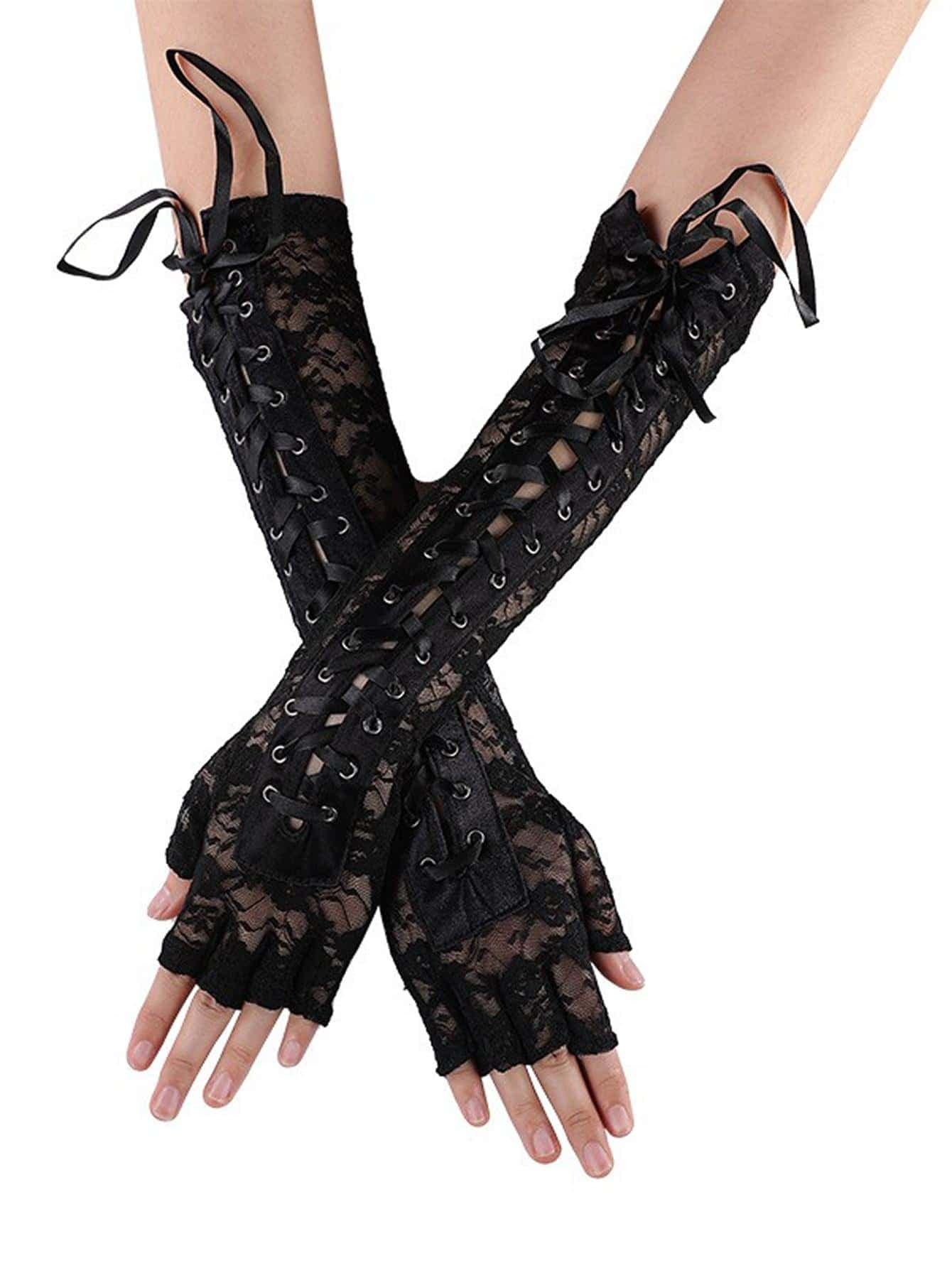 Elegant 1pair Women's Lace-Up Black Gothic Party Gloves Suitable For Daily, Party, Cosplay Use Halloweeny2k Valentine's Day Valentines Summer