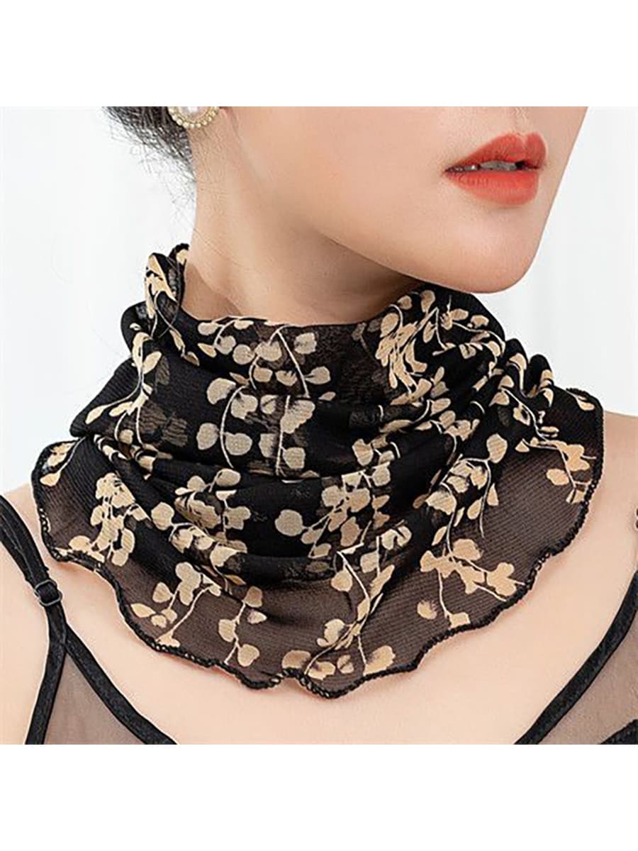 1pc Multi-Use Face Mask Scarf, Elastic Slip-On Versatile Multifunctional Ear-Loop Face Cover Veil Fake Collar, Lightweight Lace Mesh Fabric, Black Solid Color And Exquisite Printed Pattern Options