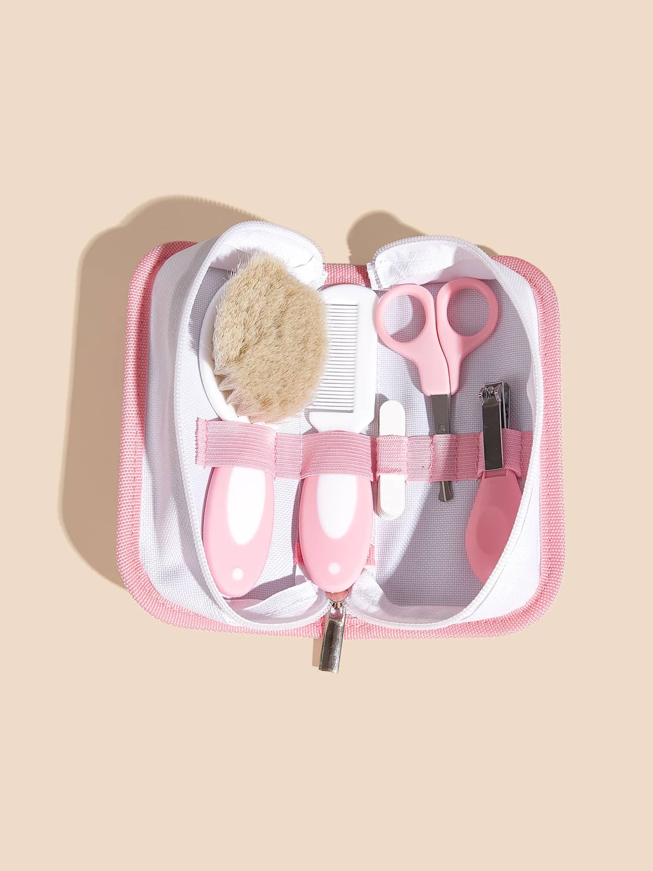 5pcs Pink Baby Care Set, Includes Faux Wool Brush, Nail Clipper & Other Grooming Tools
