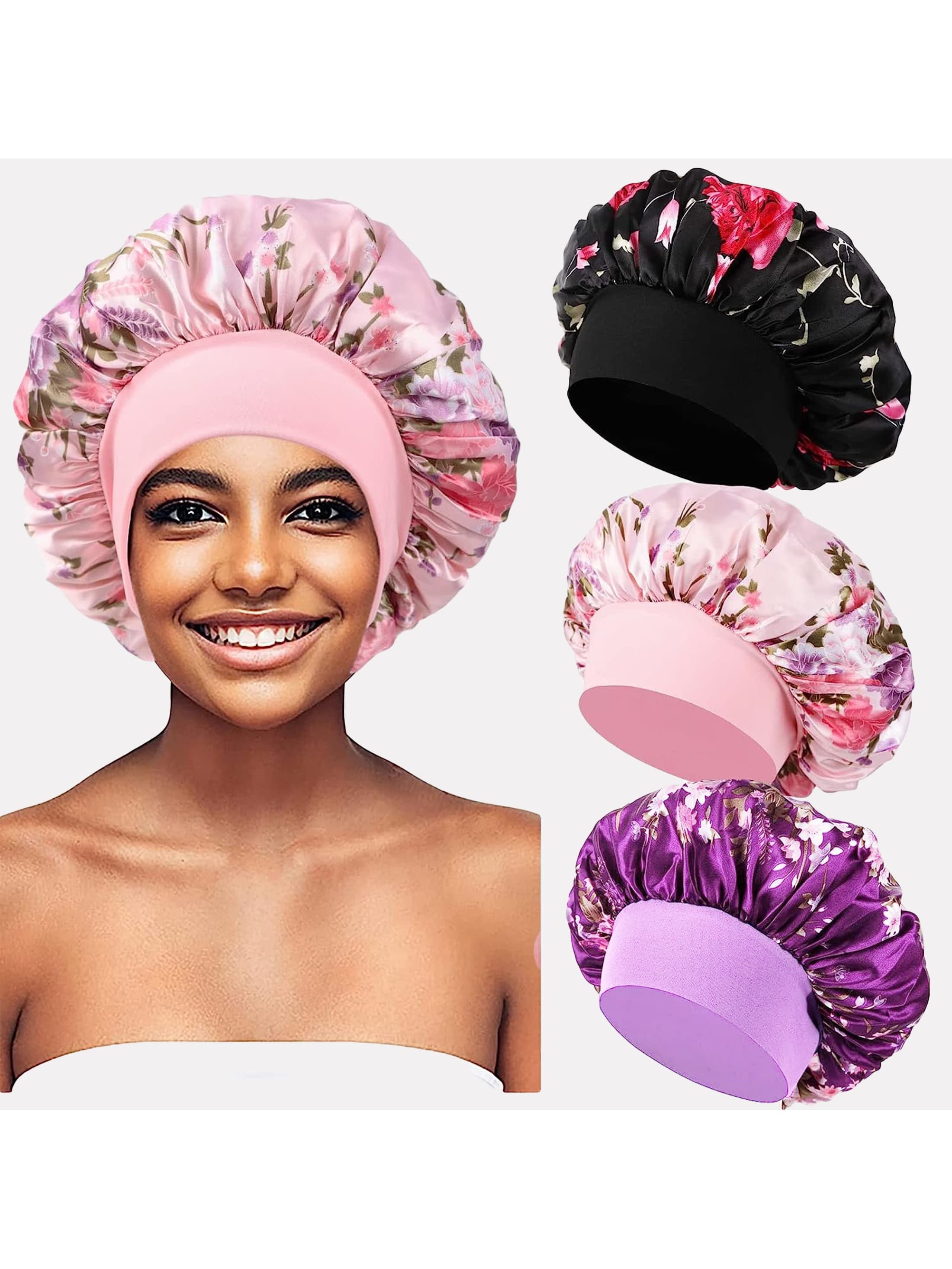 3pcs Women's Multicolor Wide-Brimmed Satin Sleep Cap & Hair Wrap Suitable For Daily Use Silk Bonnet Satin Bonnet Hair Sleep Cap Sleep Bonnet