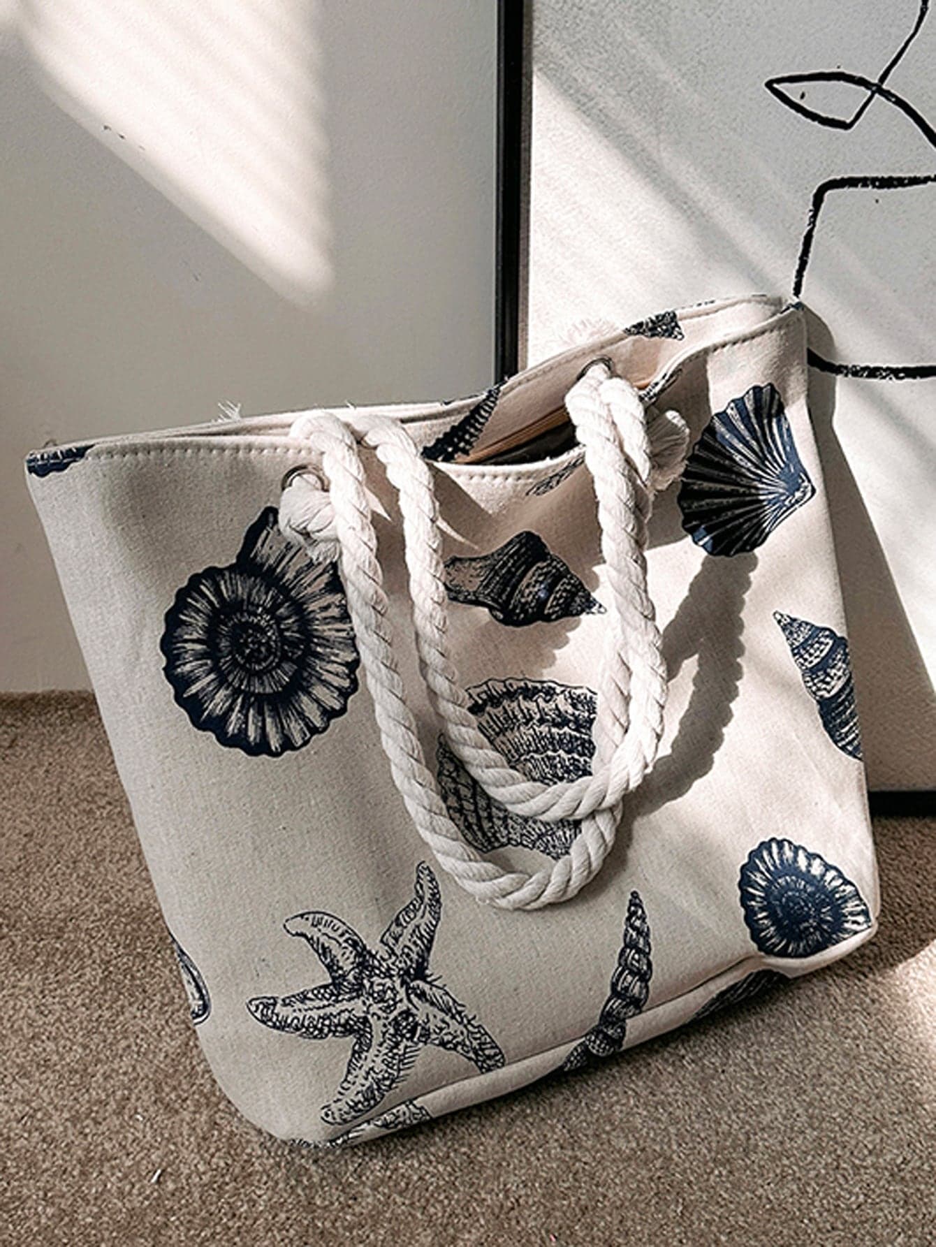 Fashionable Large Capacity Tote Bag With Shell & Starfish Pattern, For Teen Girls Women College Students, Perfect For Work, ,