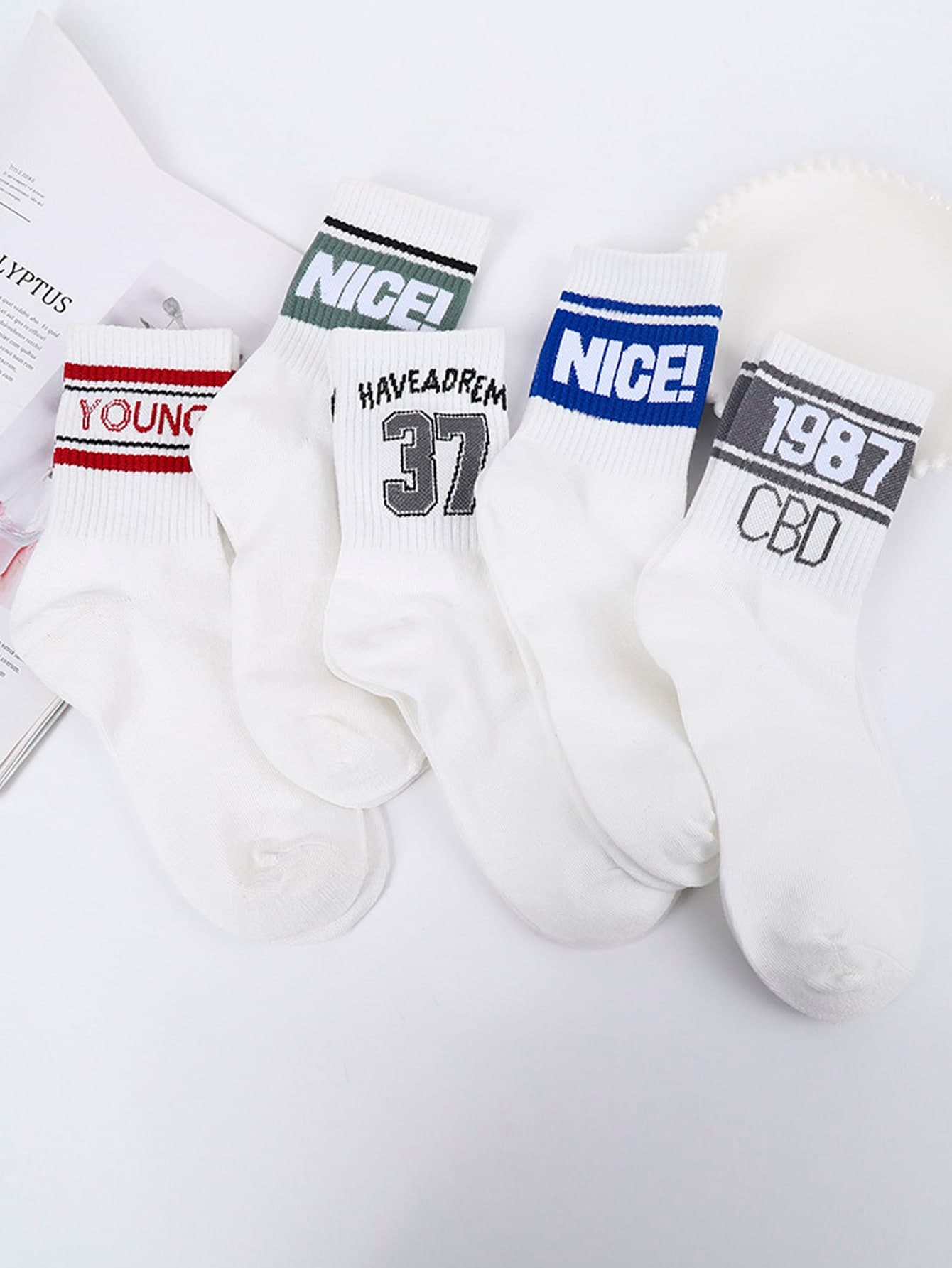 5pairs Men Letter Graphic Crew Socks, Fall