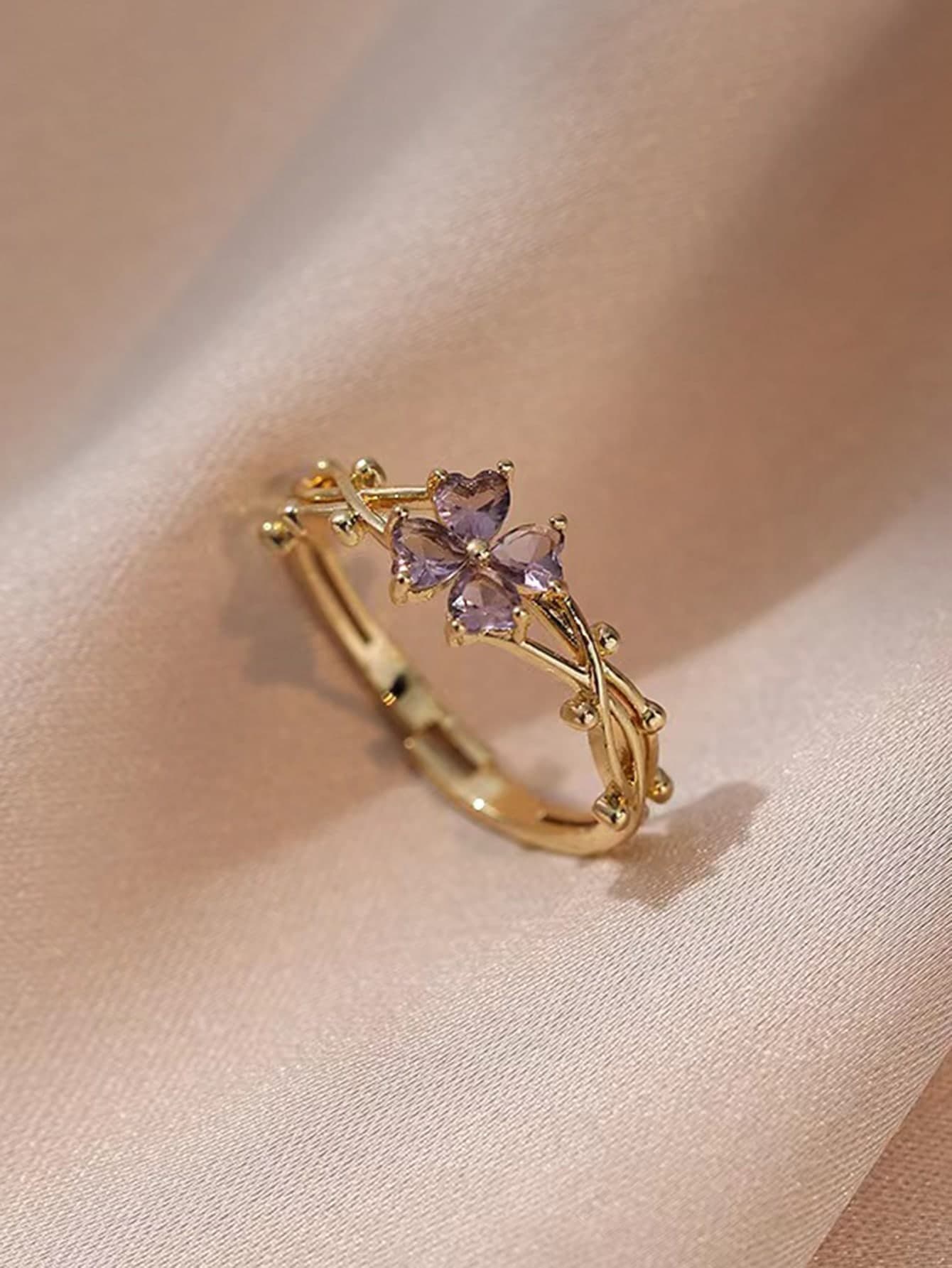 1pc Stainless Steel Purple Four-Leaf Clover & Cubic Zirconia Open Ring, Sweet Style Suitable For Women's Daily Wear