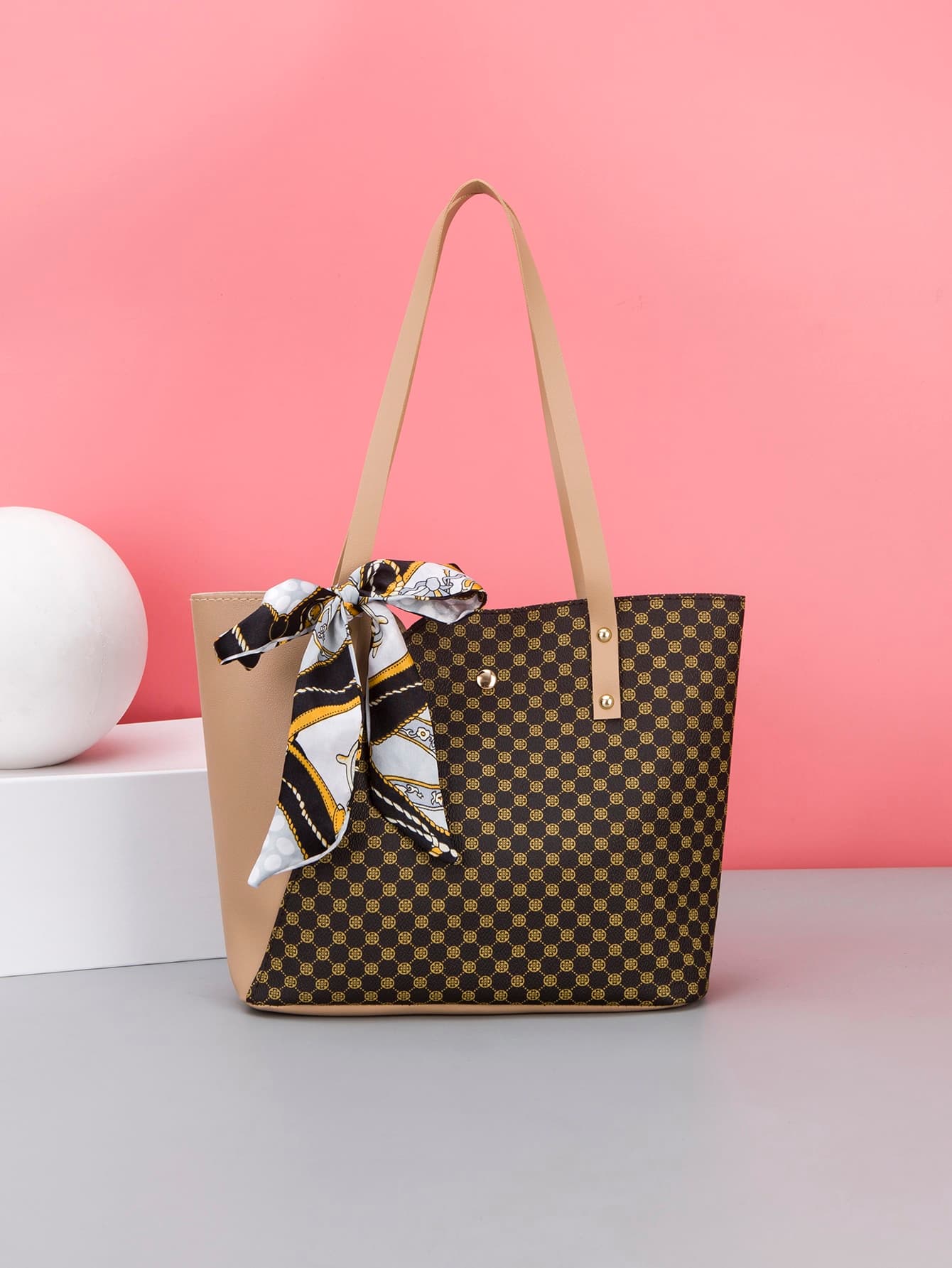 1pc PU Splicing Fashionable Scarf Letter Foil Tote Bag, Handbag, Shoulder Bag, Shopping Bag, Casual Everyday Use