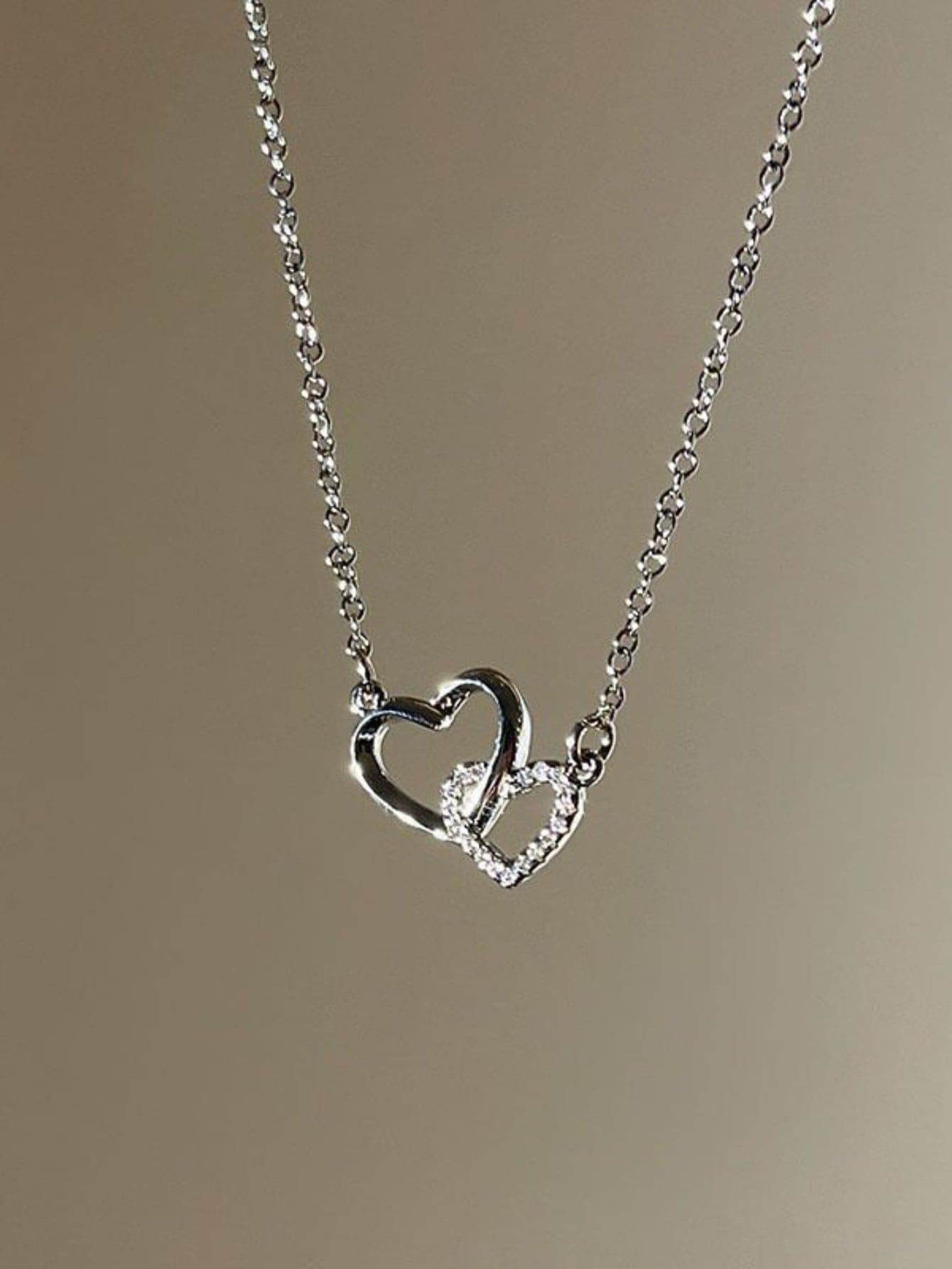 1pc Luxury Minimalist Double-Circle Heart Rhinestone Necklace, Delicate & Sweet Design