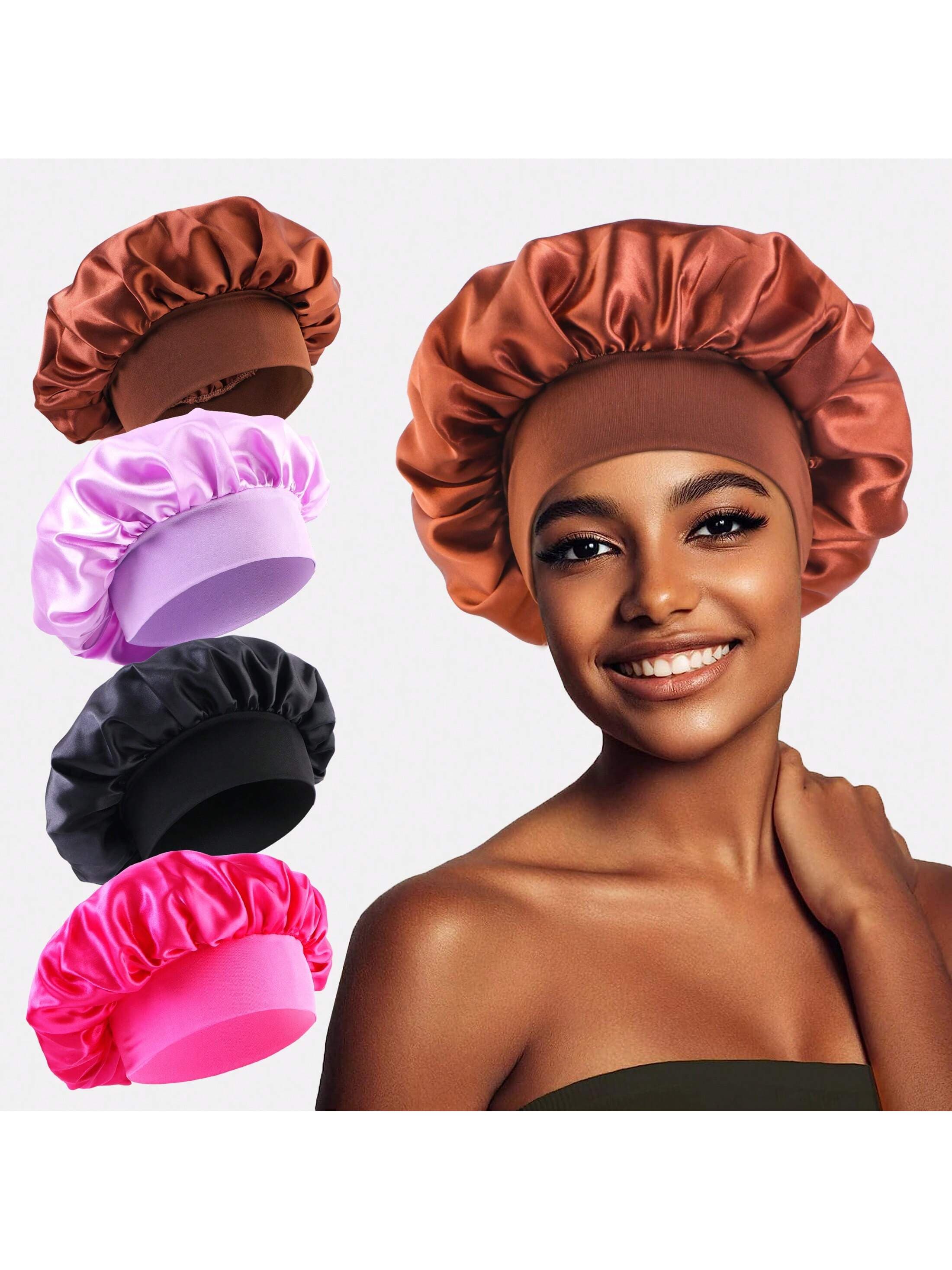 4pcs Women's Multi-Color Satin Wide-Brimmed Sleep Cap Fits For Daily Use Silk Bonnet Satin Bonnet,Summer,Beach,Hat,Holiday,Travel