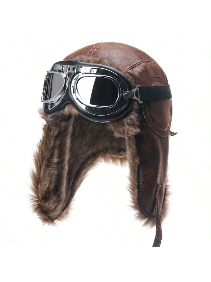 Street 1pc Camel-Colored Leather Aviator Cap With Goggles, Windproof Ear Protection, Ideal For Motorcycling And Outdoor Activities Winter Outfits