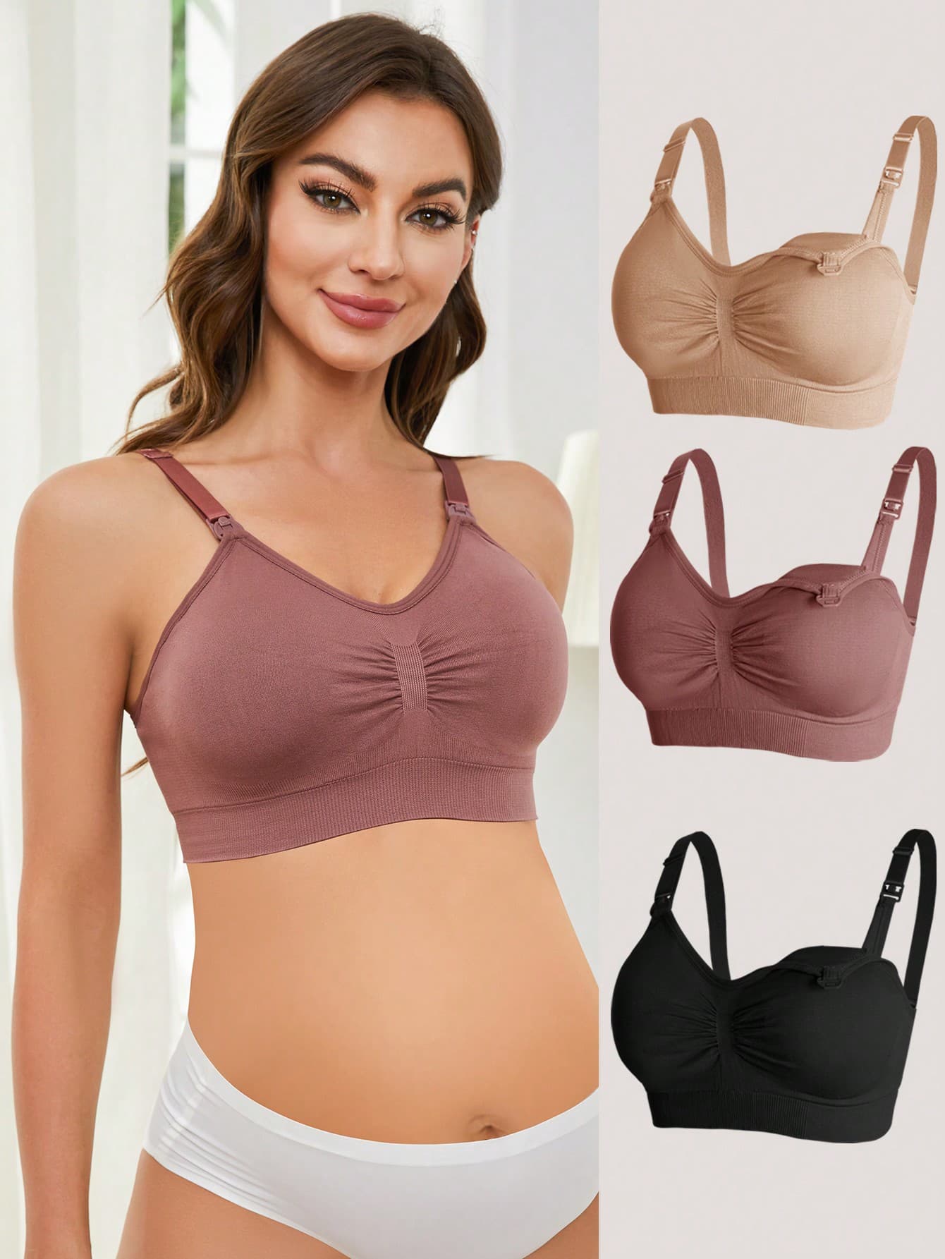 3pcs Nylon Maternity Nursing Bra, Black, Burgundy, Nude, Sexy Comfort Seamless Wireless Front Opening Breastfeeding Bras