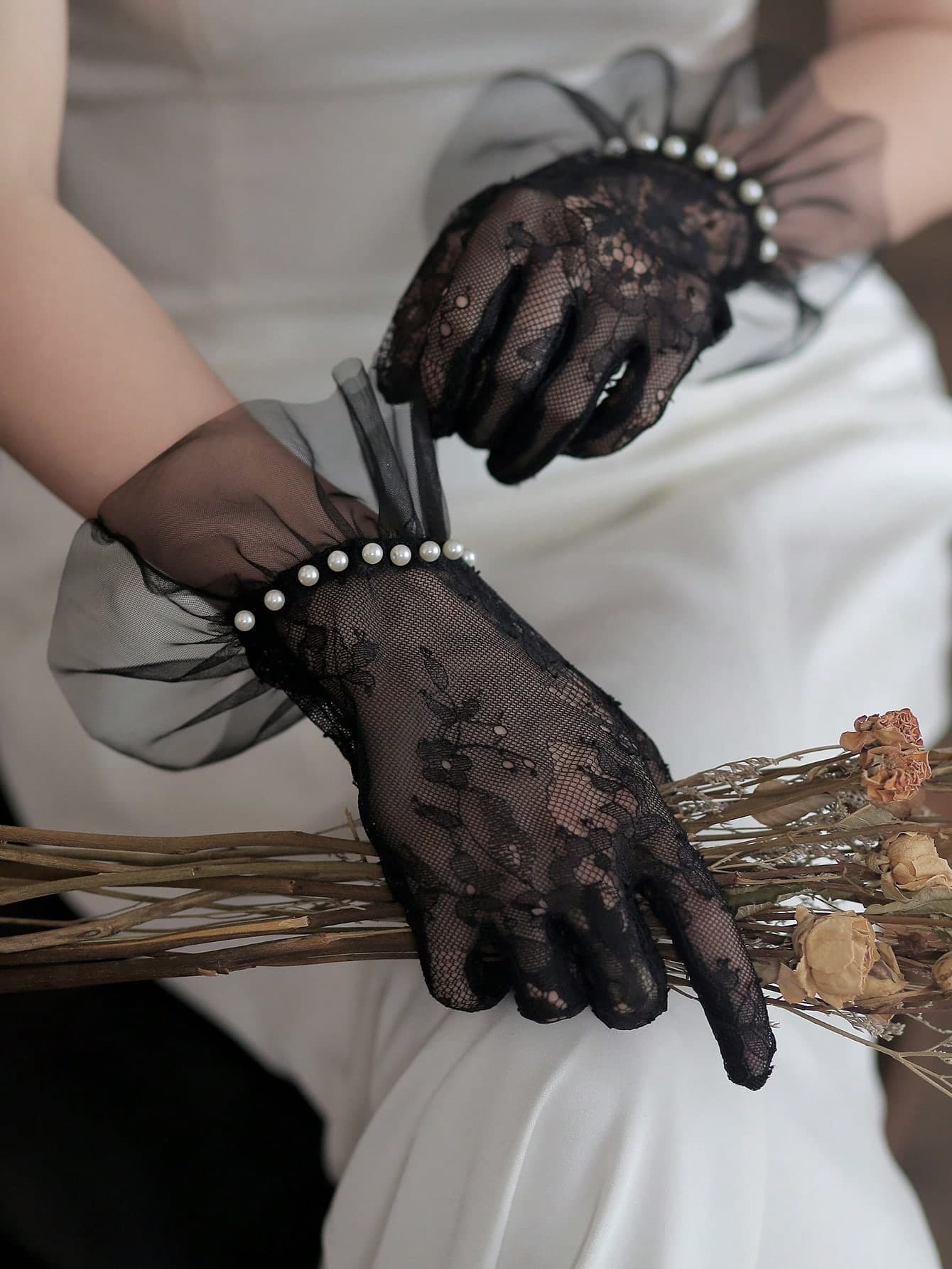 1pair Handmade Faux Pearl & Lace Bridal Gloves For Wedding, Dance Party, Halloween Witch Valentine's Day Fall Clothes For Women