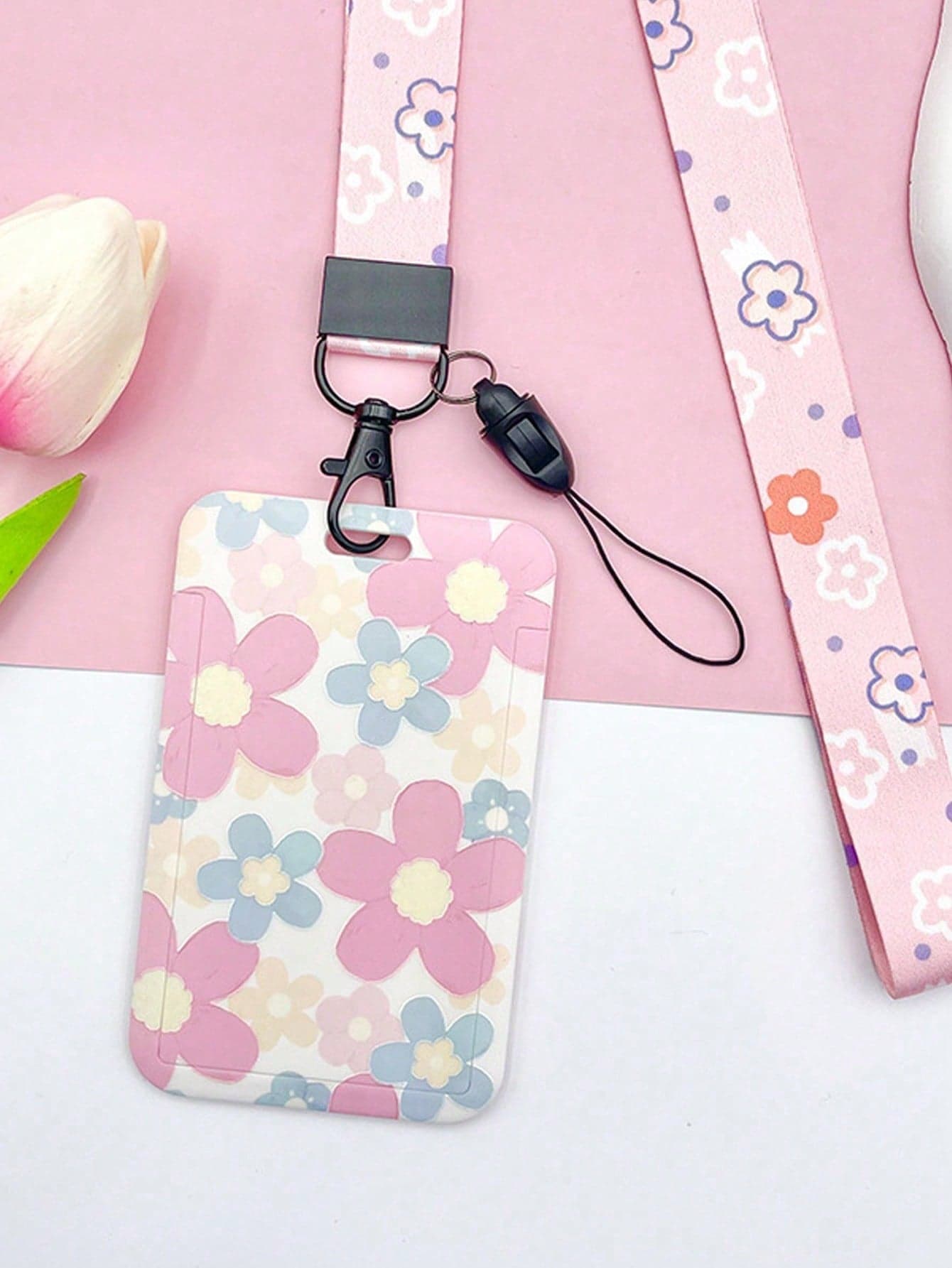 1 Set Printed Card Holder, Fashion Card Case With Lanyard, Suitable For School And Office Use
