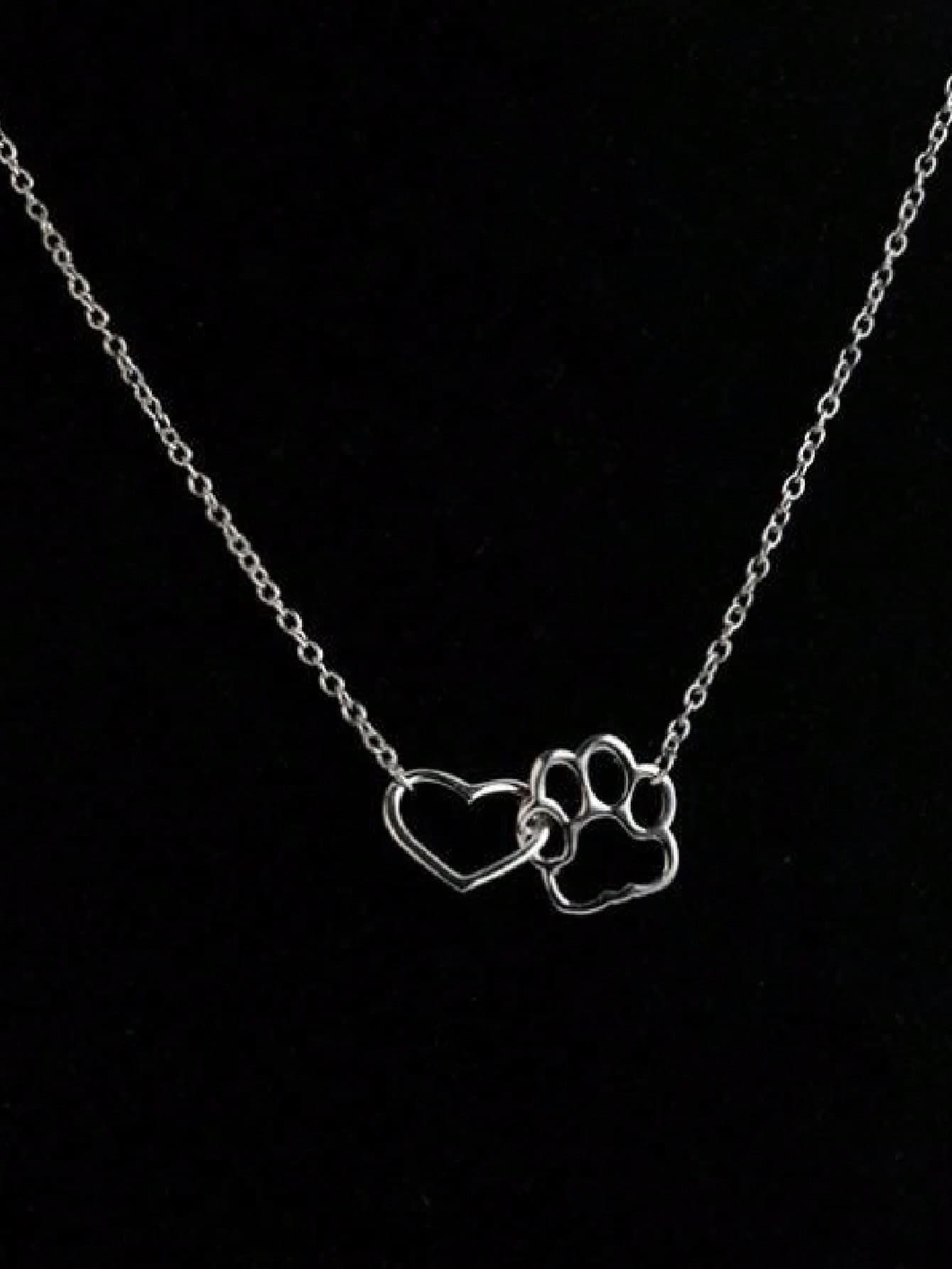 1pc Love Dog Paw Joint Heart Shaped Pendant Two-layer Mirror Effect Stainless Steel Collarbone Chain
