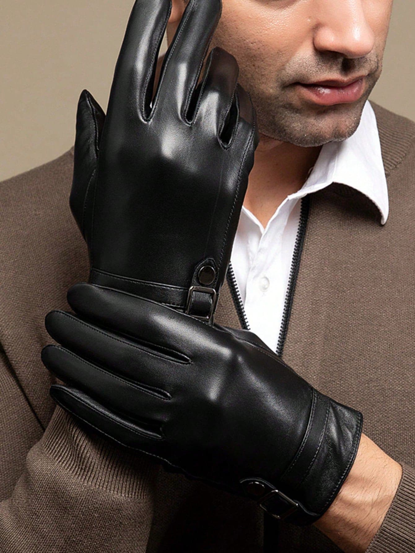 1 Pair Men's Faux Leather Gloves, Fashionable Warm Touchscreen Thermal Lined Waterproof Windproof Driving Cycling Gloves