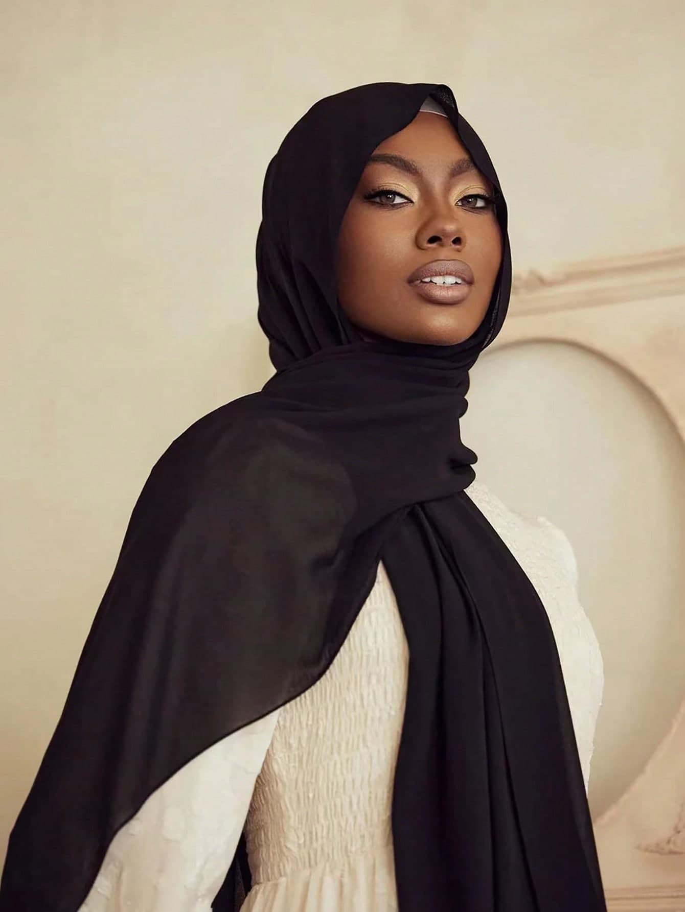 1pc Women Abaya Accessories Soft Chiffon Solid Color Faux Pearl Decor Scarf, Suitable For Daily Wear, Black Casual Headband Soft Hijab Women Veil,Beach,Holiday