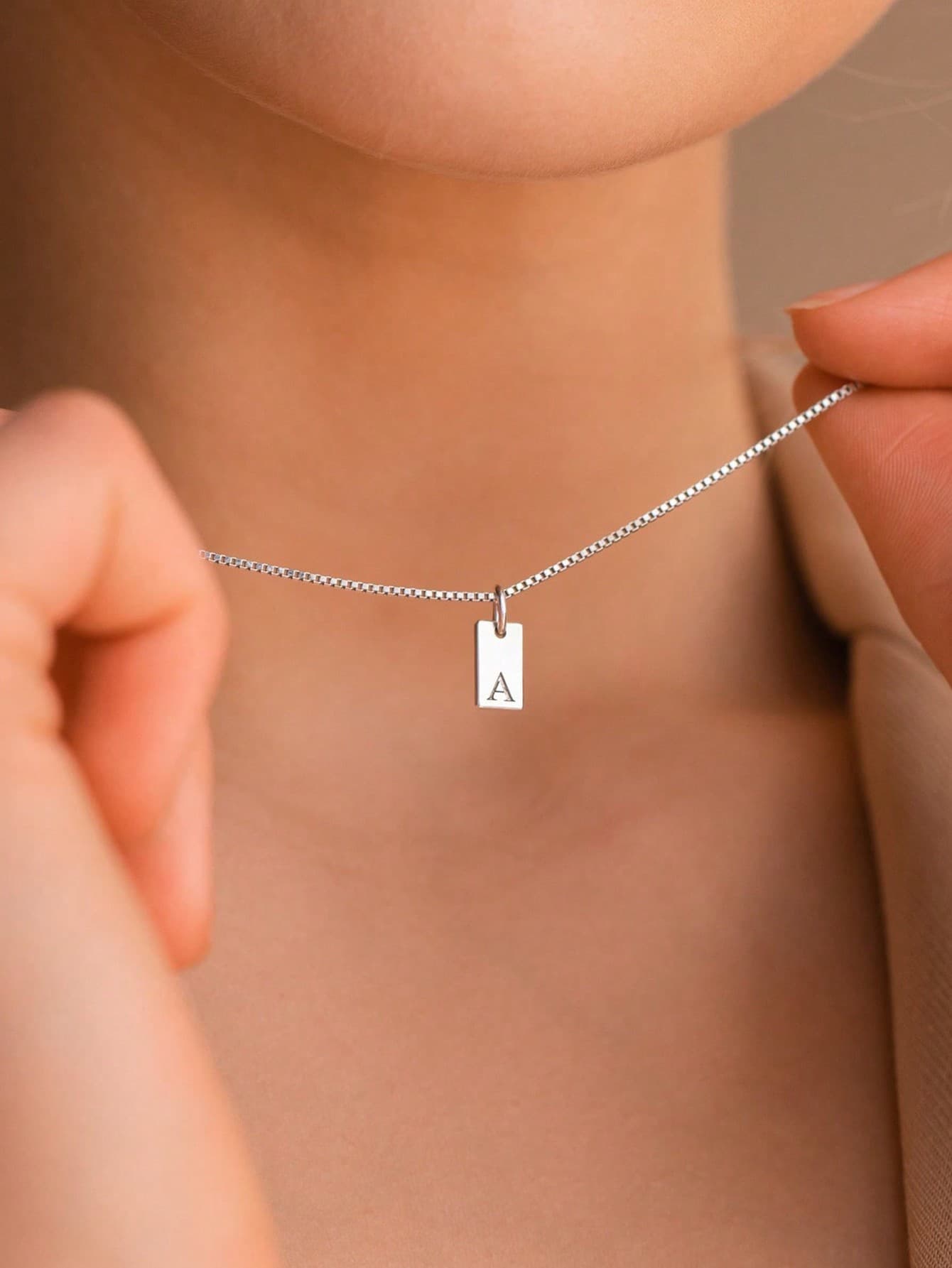 1pc Fashionable Stainless Steel Rectangular 26 Letter Pendant Necklace, Gift For Women