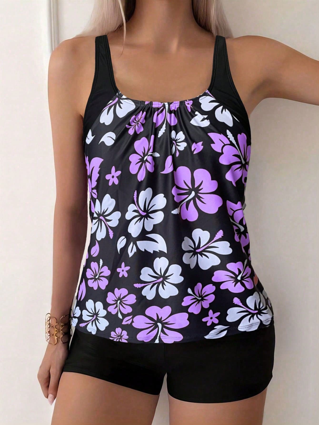 Floral Print Spaghetti Strap Backless Tankini Swimwear Set, Casual Sexy Beach Outfit, Medium Stretch Vacation Black Summer