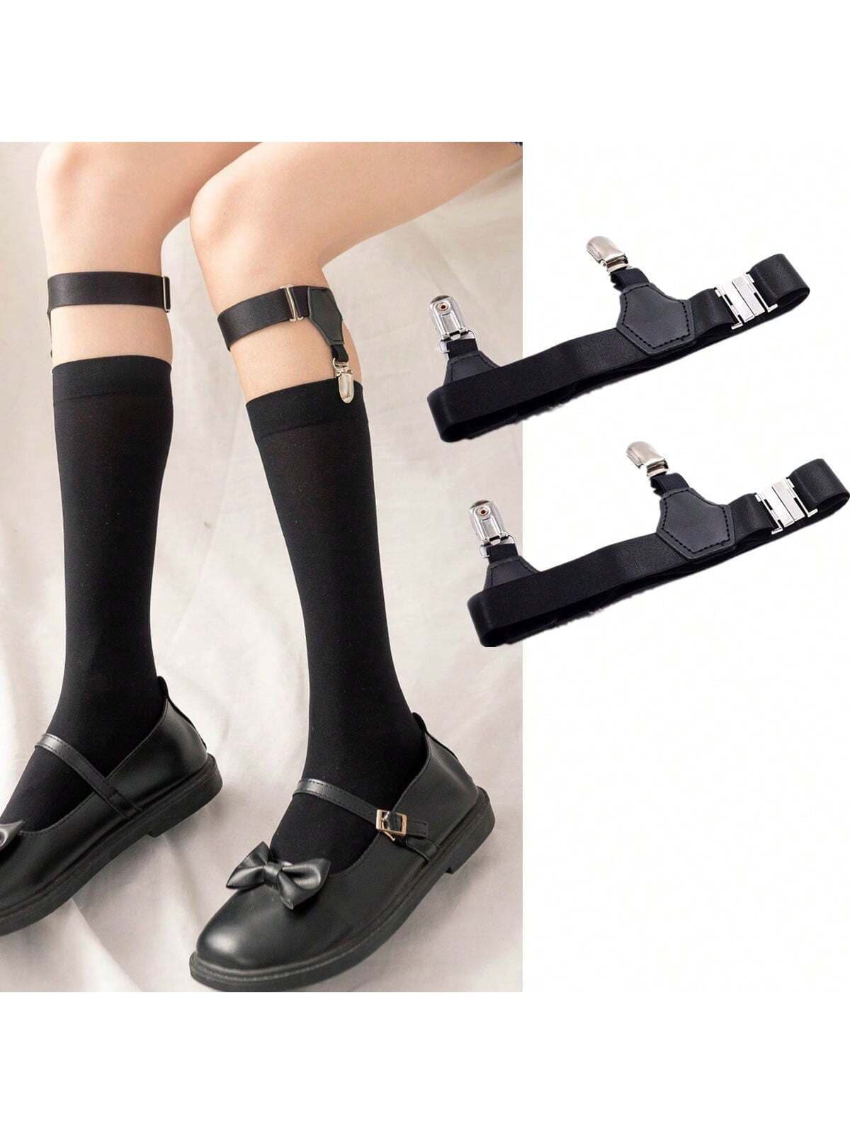Street 2pcs Women's Elastic Polyester Pu Leather Leg Garter With Adjustable Buckles, Anti-Slip Clips And Double Metal Suspender Straps For Thigh High Stockings Halloween Summer, School Fall, Autumn, Halloween