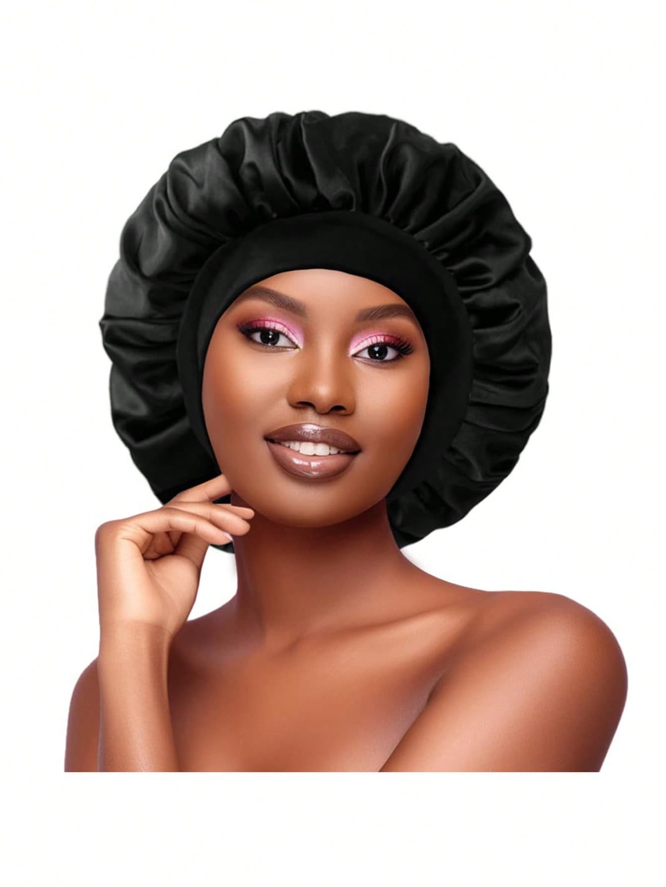 1pc Satin Silk Sleep Cap, Women's Satin Silk Sleep Cap, Black/Pink Loose Satin Sleep Cap Hair Cover, Suitable For Curly Hair & Bathing