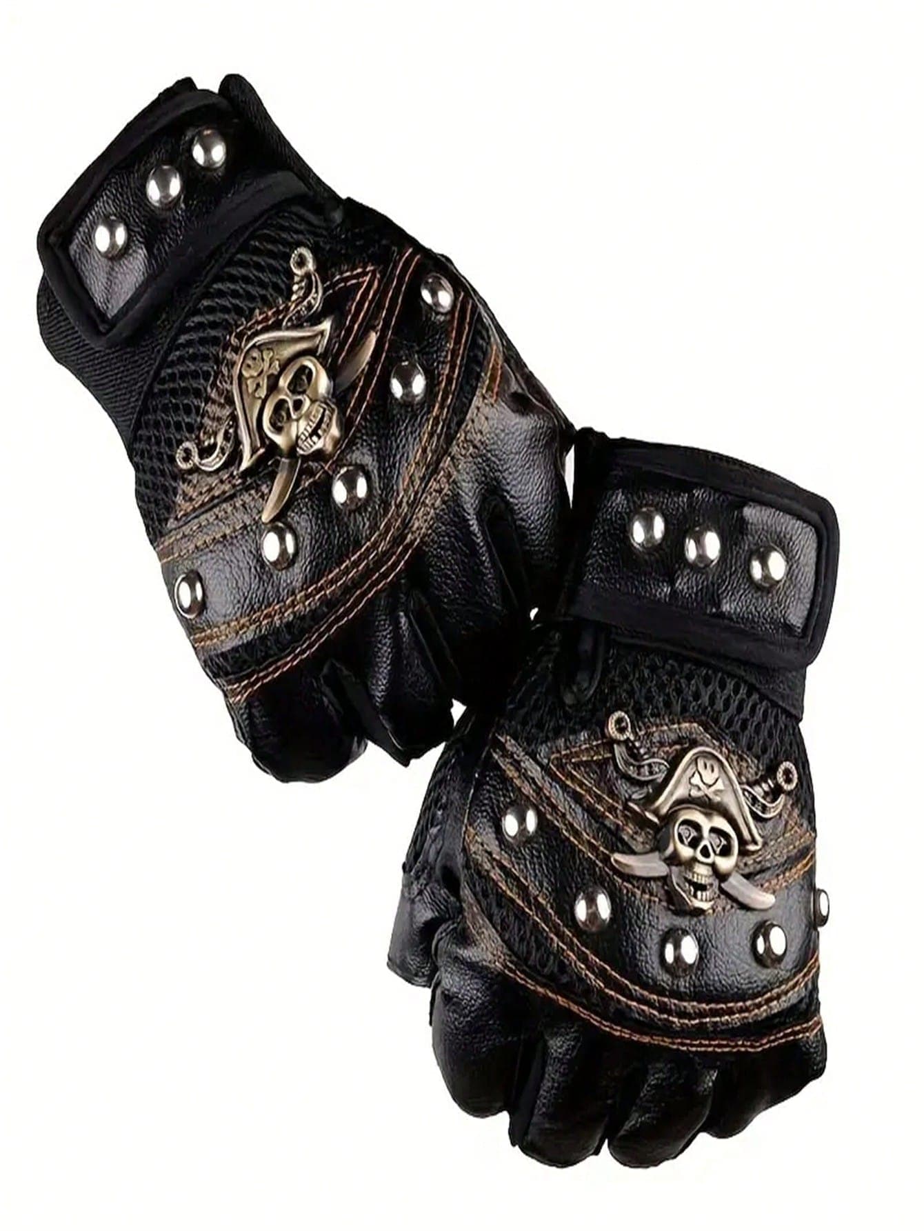 1pc Punk Style Half Finger Leather Gloves For Men And Women, Cycling, Fitness, Outdoor Climbing, Mesh Fabric, Anti-slip, Wear-resistant