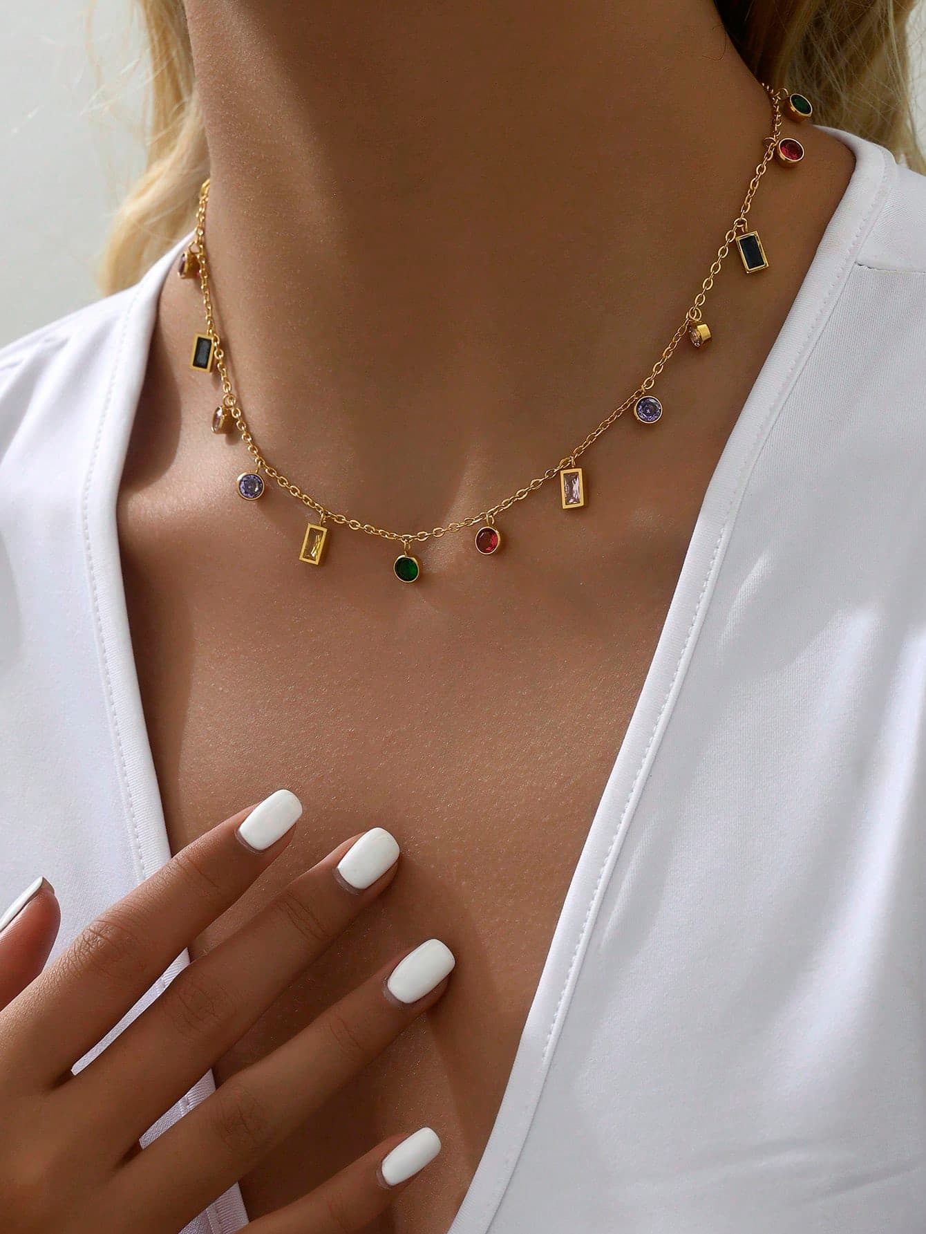 1pc Fashionable Stainless Steel Necklace With Colorful Stone Pendant, Women's Versatile And Exquisite Accessories