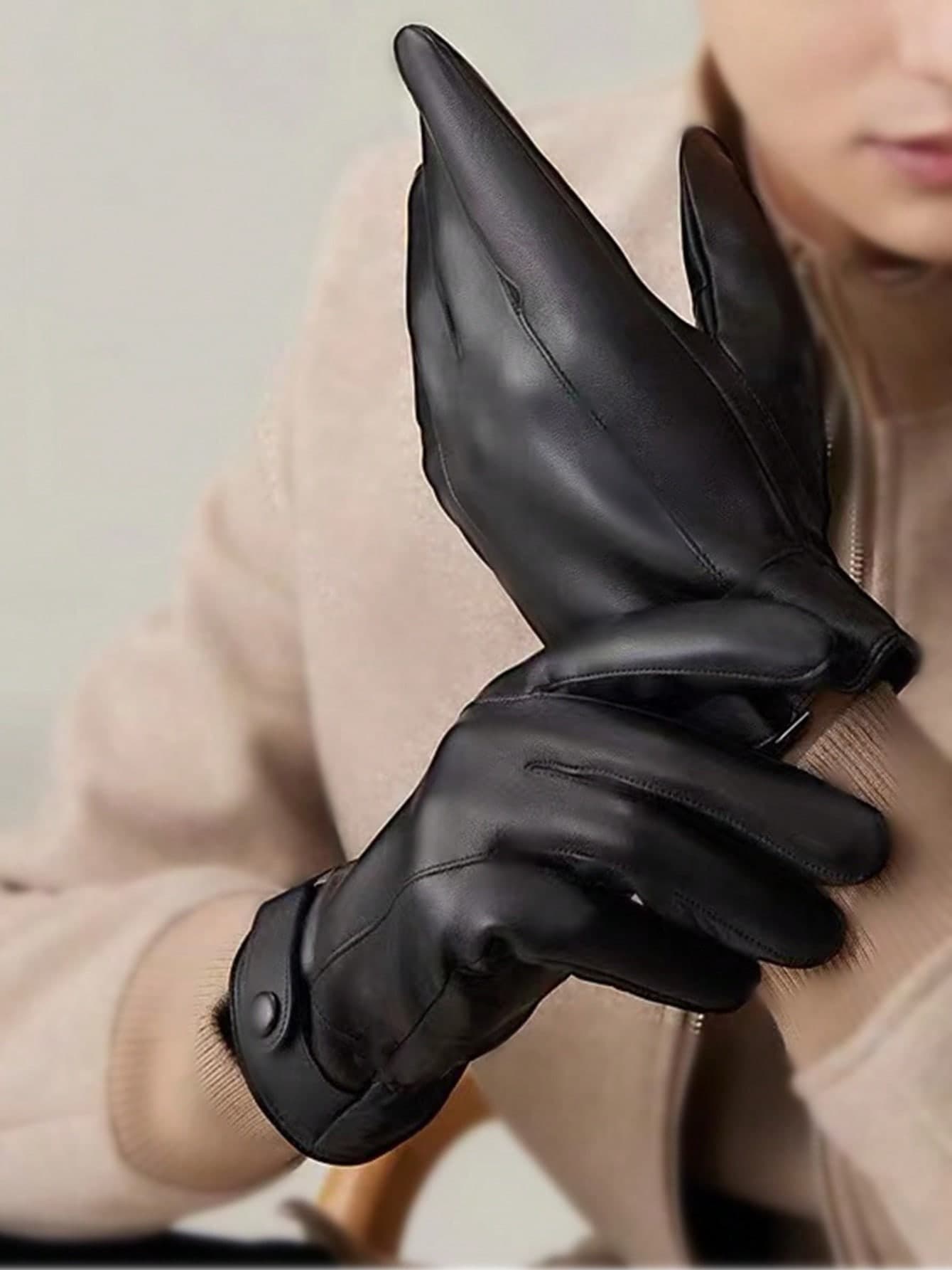 1 Pair Men's Faux Leather Gloves, Winter Thermal Lined Thick Warm, Windproof Waterproof Touchscreen, Motorcycle Riding Black PU Gloves