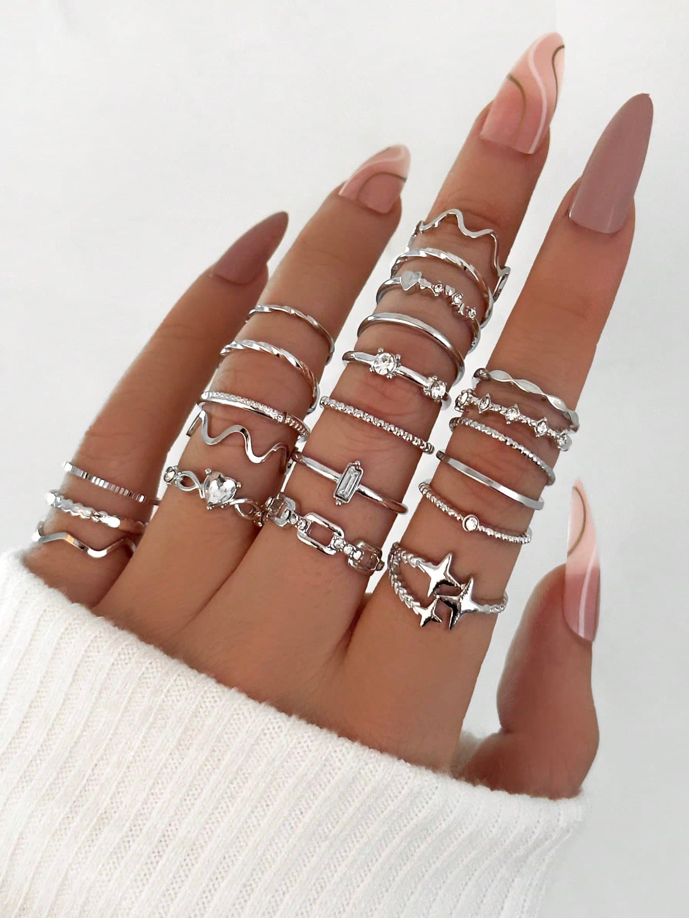 22pcs Heart Shaped Fashionable Rings, Minimalist Rhinestone Inlay Bohemian Geometric Ring Set Valentines,Mom,Mother,Mother's Day,Gift