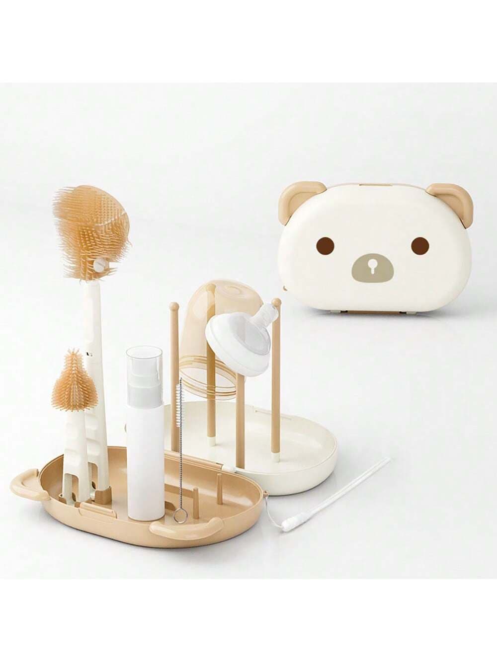 Portable Baby BPA-Free Bottle Brush Set Include Pacifier Brush, Straw Brush, Drain Rack, Bear Box
