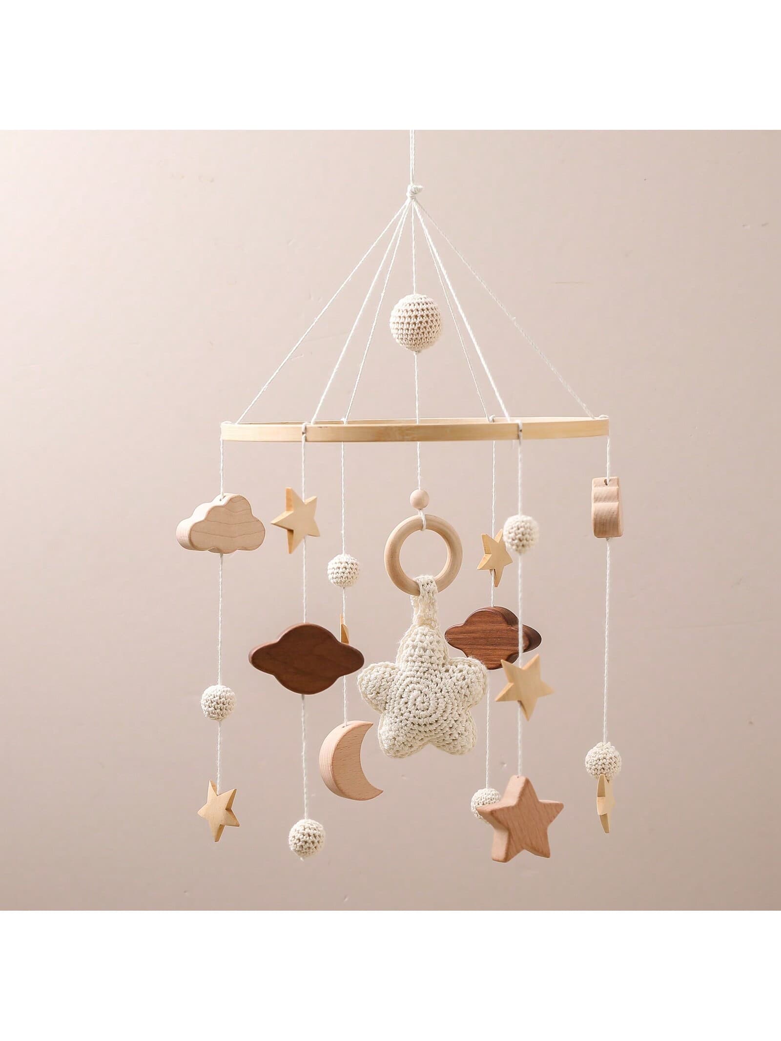 Children's Beige Starry Bed Bell Crib Rattle Bed Bell Handmade Crochet Wooden Nursery Pendant Newborn Gift