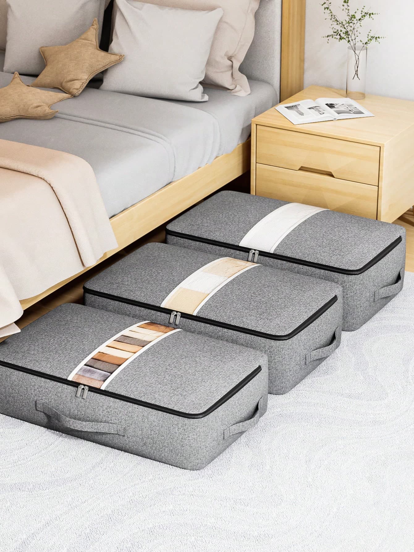 1PC Cationic Zipper Bed Bottom Bag Soft Fabric Comfy Handle Clear Window Metal Zipper Clothes Sundries Cabinet Top Space Tidy Home Daily Storage Goods
