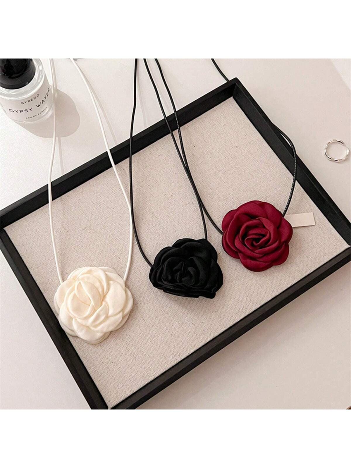 3Pcs Rose Choker Necklace Set - Black, White & Burgundy Floral Necklaces For Wedding, As A Necklace Or Accessory - & Retro Style