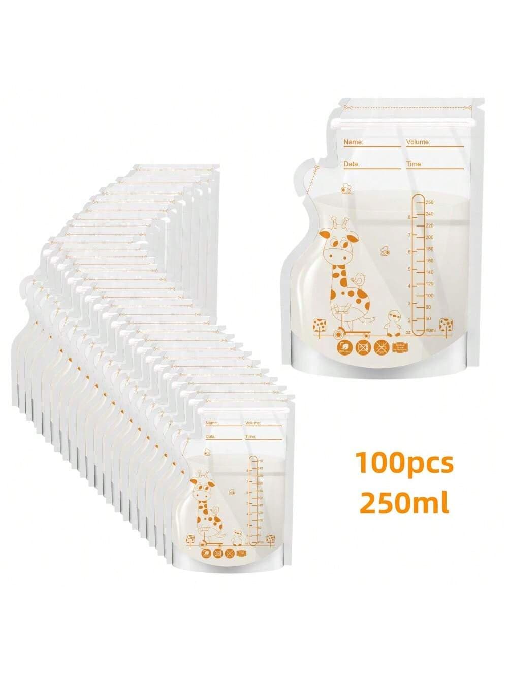 100pcs 8oz Disposable Breast Milk Storage Bags, 250ml Sealed Breastmilk Storage Pouches With Double Sealing Strips And Stand-Up Bottom