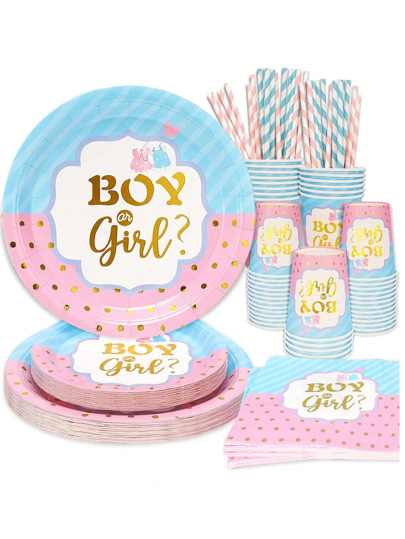 84-Piece Gender Reveal Party Supplies Set, Disposable Party Paper Plates, 7/9 Inch Gender Reveal Party Supplies Disposable Paper Plates, Cups, Napkins, Suitable For Pink And Blue Gender Reveal Decoration Tableware