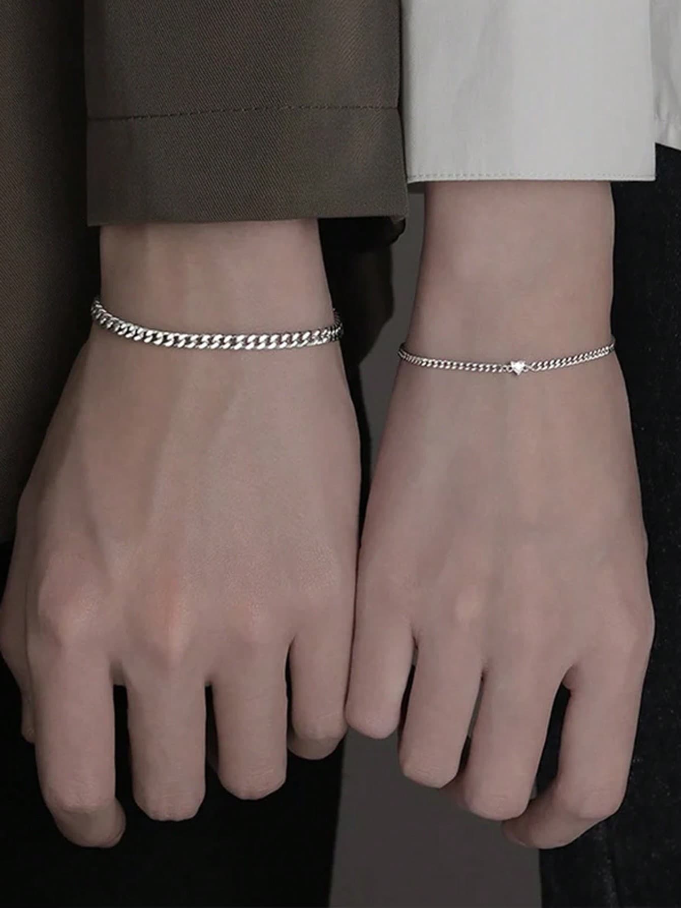 2pcs Simple And Fashionable Stainless Steel Heart Couple Bracelet Set For Dating, Vacation, Party, And Daily Wear, Valentine's Day Gift Valentines