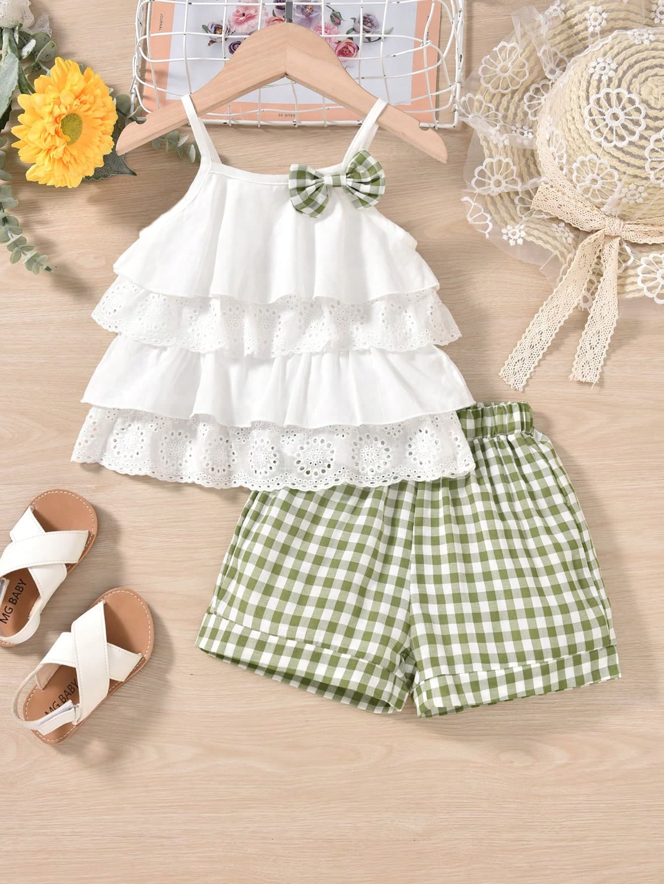 Vihyde 2pcs/Set Young Girl Cute Ruffle Trim Bow Strap Top & Shorts Holiday Outfit