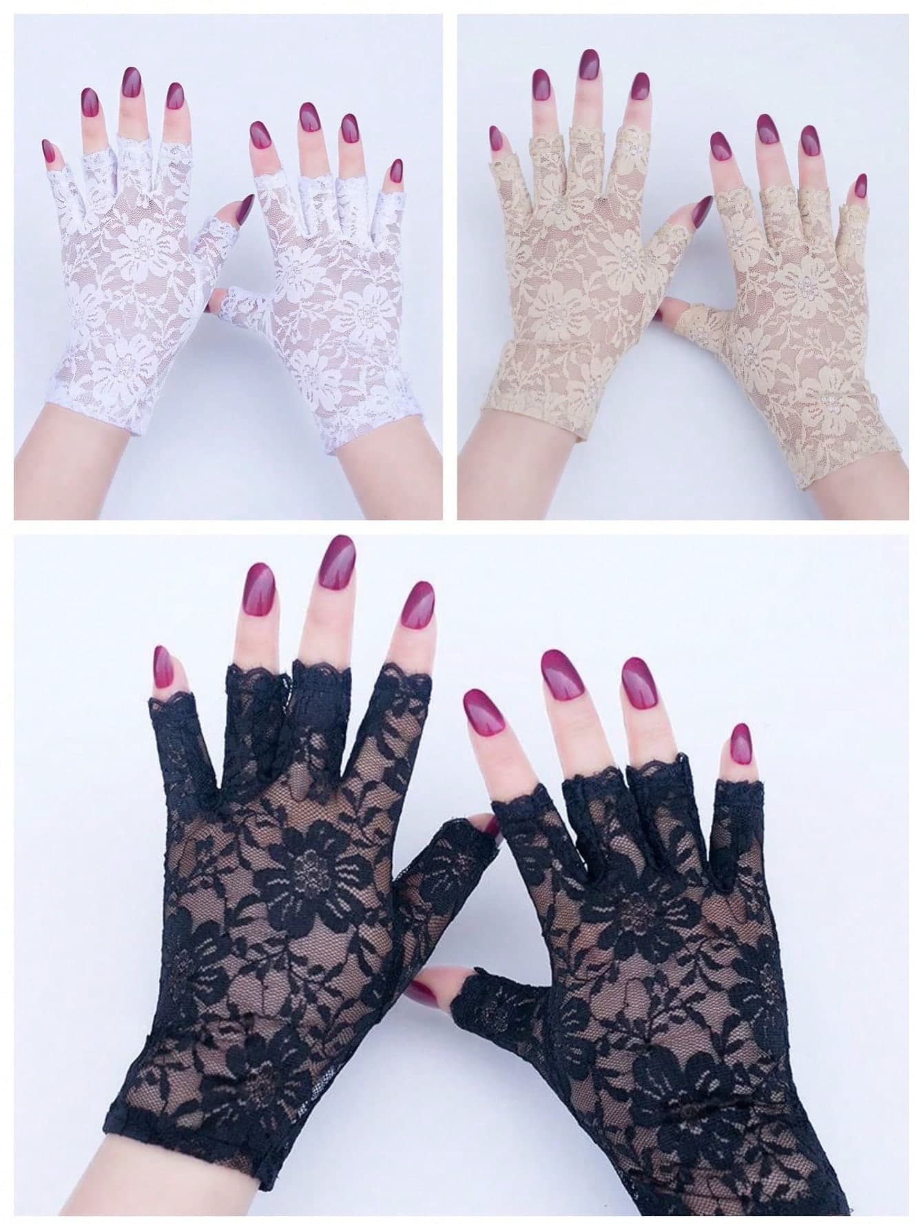1pair Sexy & Elegant Lace Floral Half Finger Gloves For Women Autumn Accessories Valentine's Day Accessories