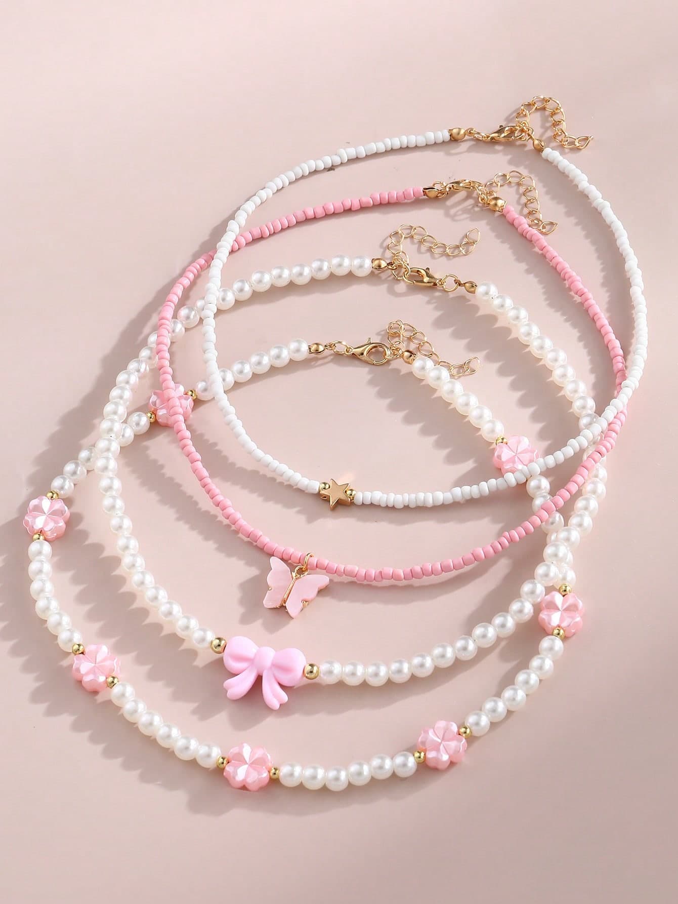 4pcs/Set Girls Butterfly, Heart, Flower & Pearl Beaded Necklace Set