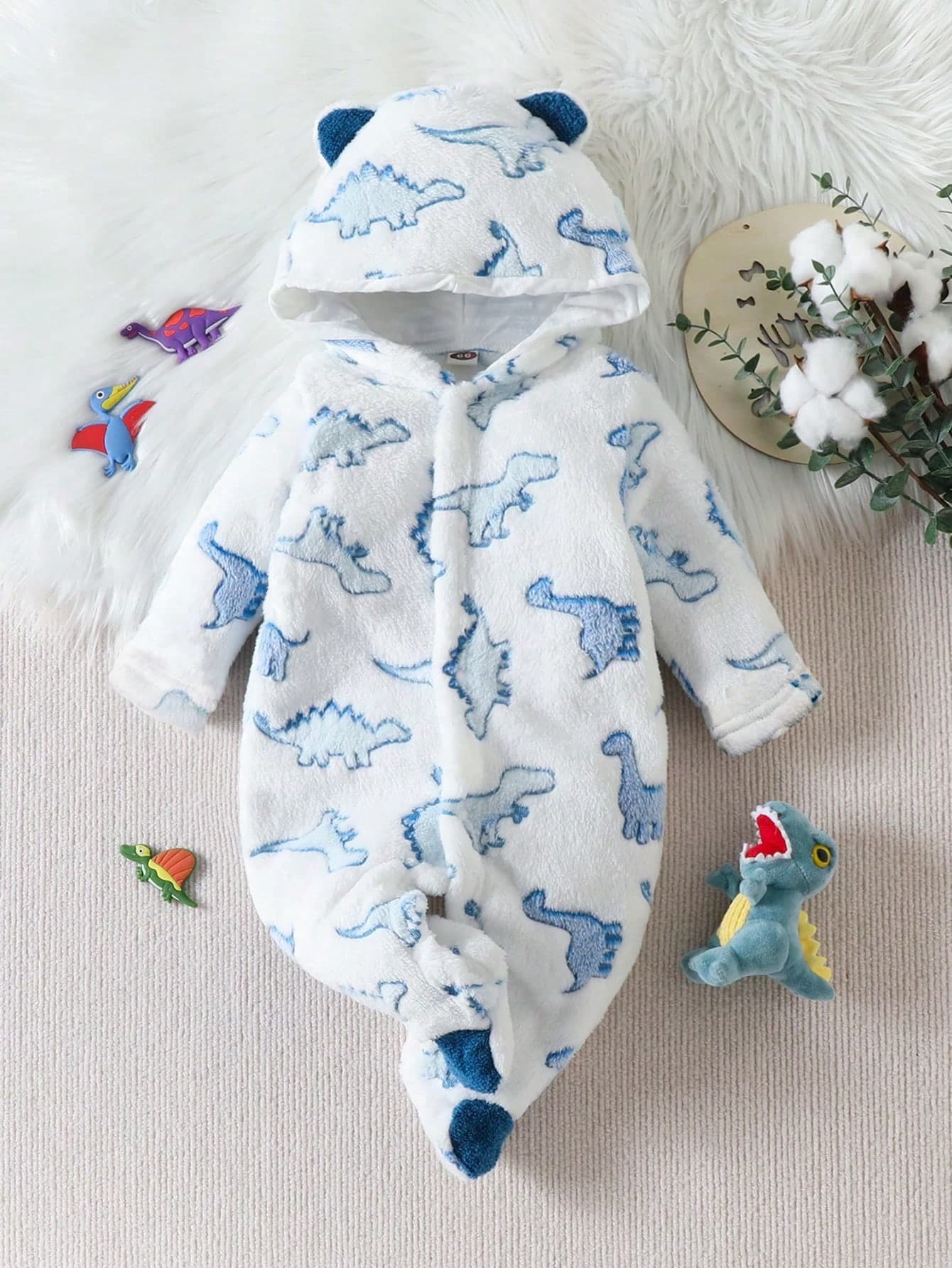 1pc Newborn Baby Animal Print 3D Ears Hooded Jumpsuit For Boys, Sleepwear
