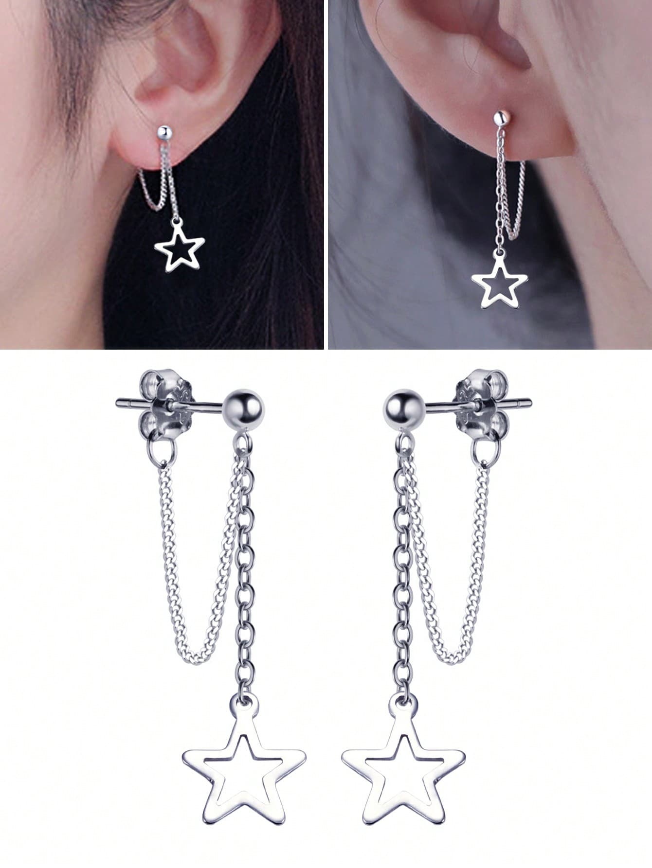 1pair Stainless Steel Hollow Out Star Pendant Front Back Hypoallergenic Pin Earrings