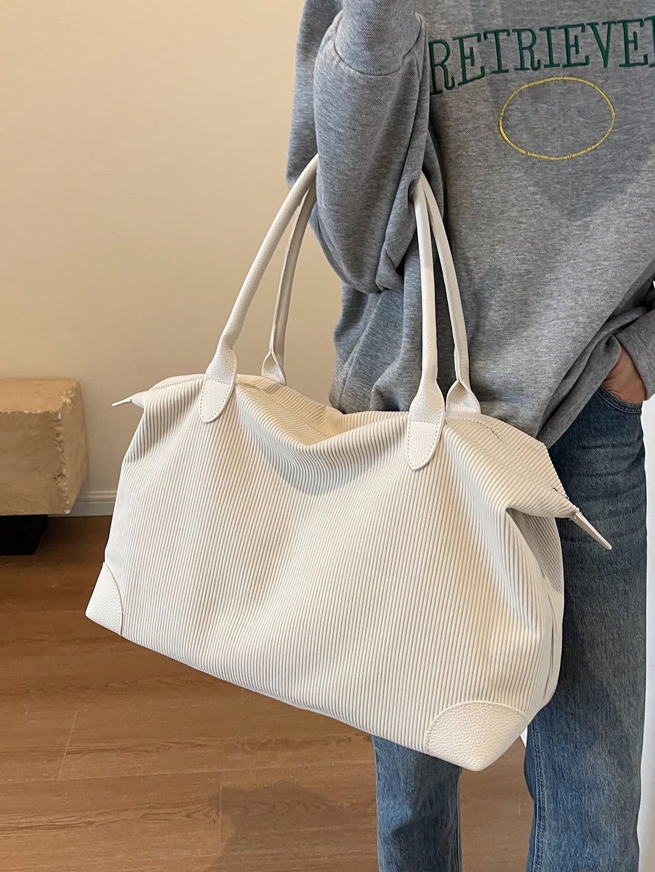 Large Capacity Foldable Zipper Tote Bag, Solid Color Corduroy Casual Minimalist Style, Suitable For Women's Daily Commute, Shopping, Travel, Vacation, Mom's Organizer, Ladies Handbag, College Essential