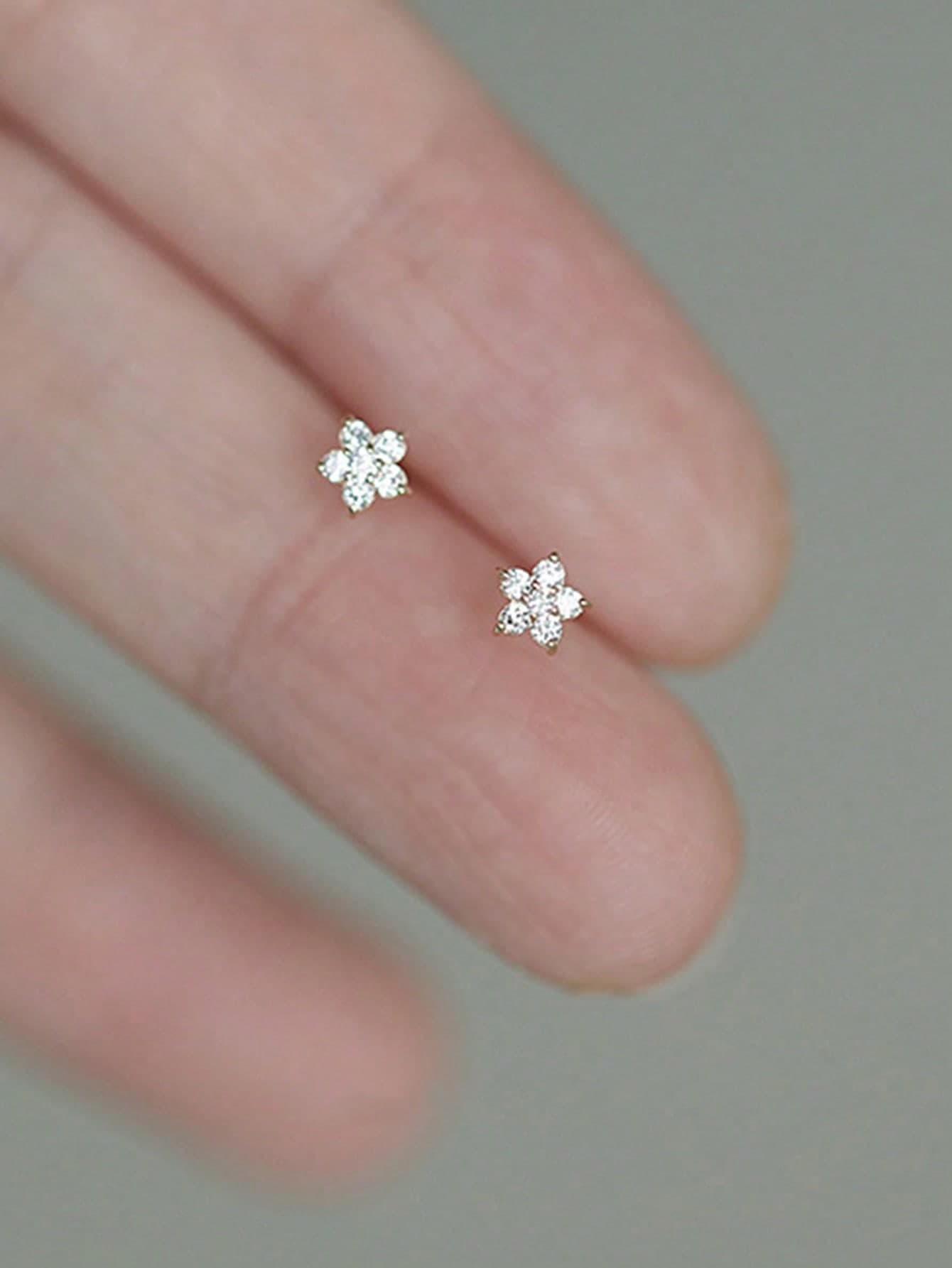 1pair S925 Sterling Silver Five-Pointed Star & Small Flower Design Earrings With Zirconia For Women, Gift For Festival And Birthday Wedding Engagement Bridal Jewelry Valentines