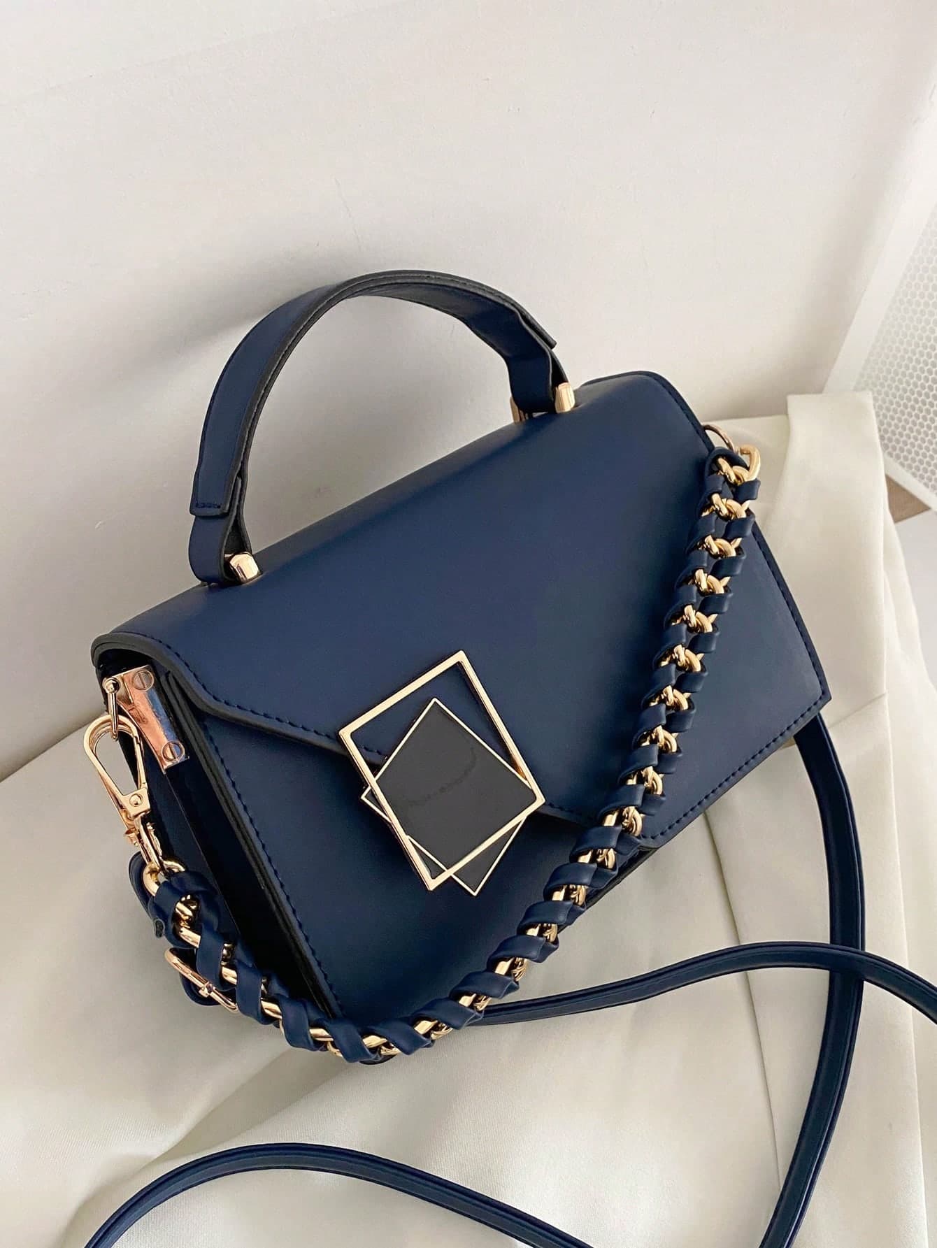 Mini Weave Chain Decorated Shoulder Bag With Flap & Lock Design For Women, Portable Handbag & Crossbody Bag Suitable For Work, Shopping And Traveling