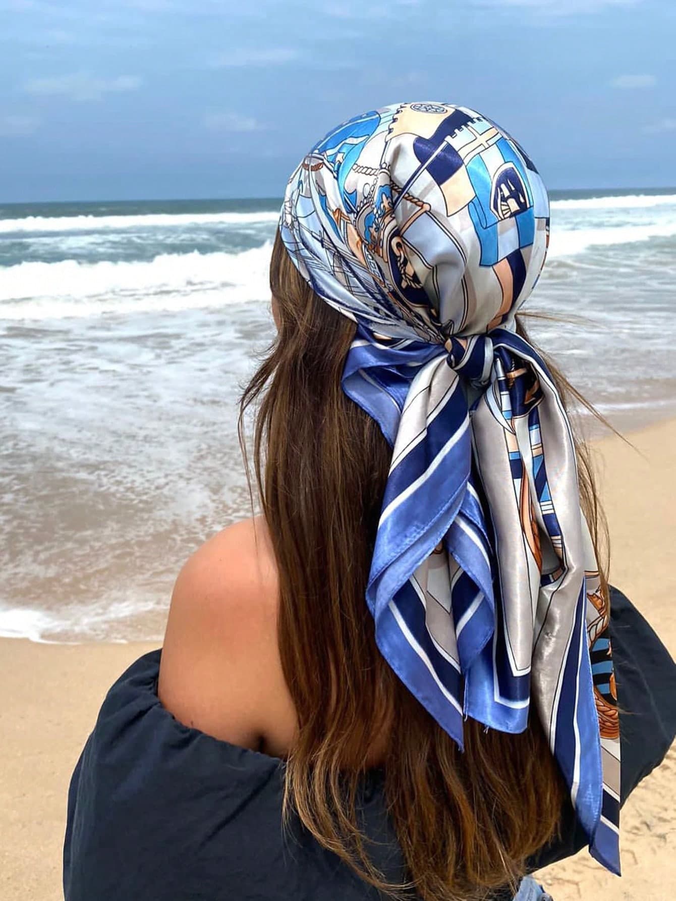 1pc Women's Spring/Summer Fashion Blue Sailboat Printed Silk Scarf, Headband, Hairband, Bandana Bandana